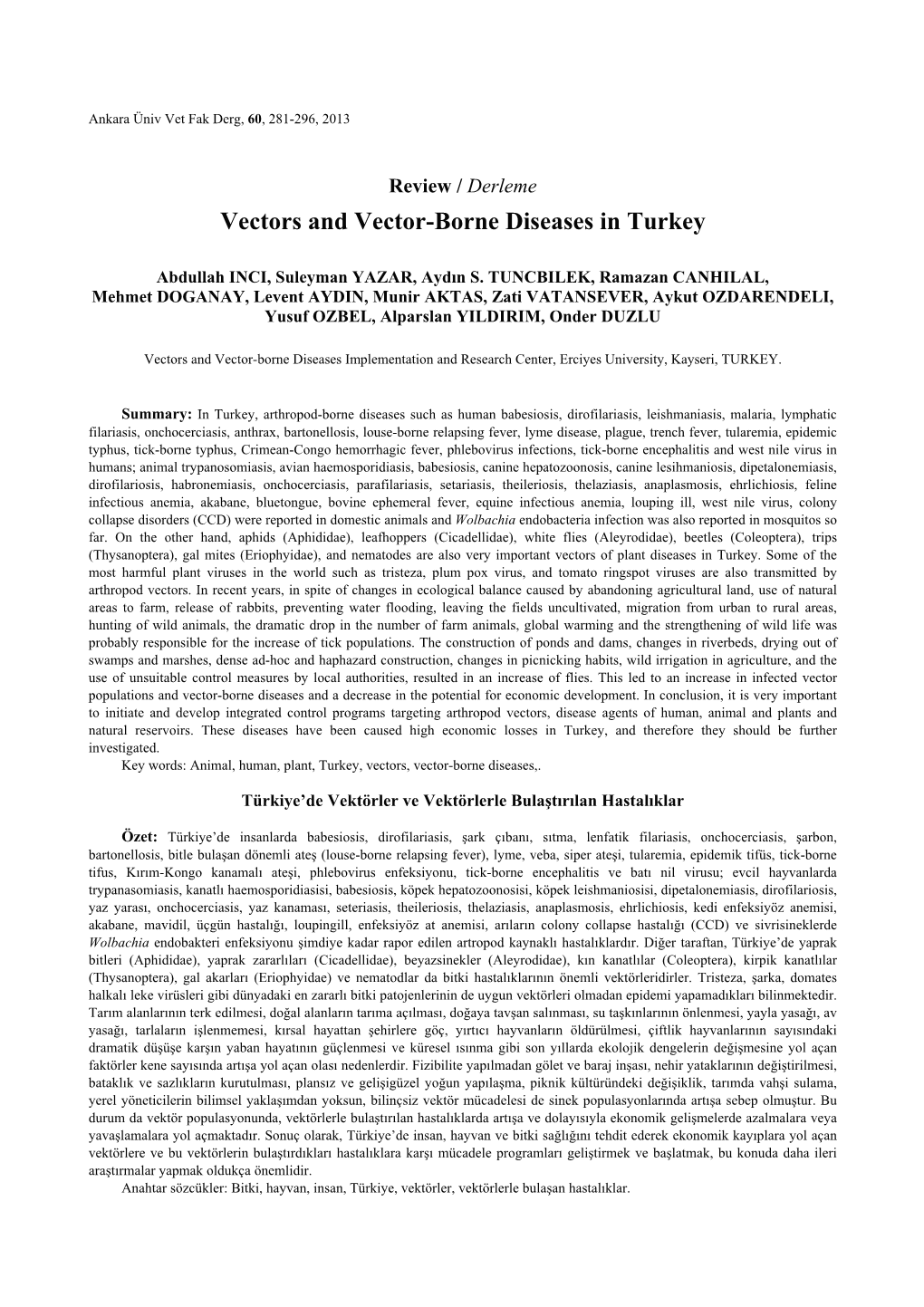 Vectors and Vector-Borne Diseases in Turkey