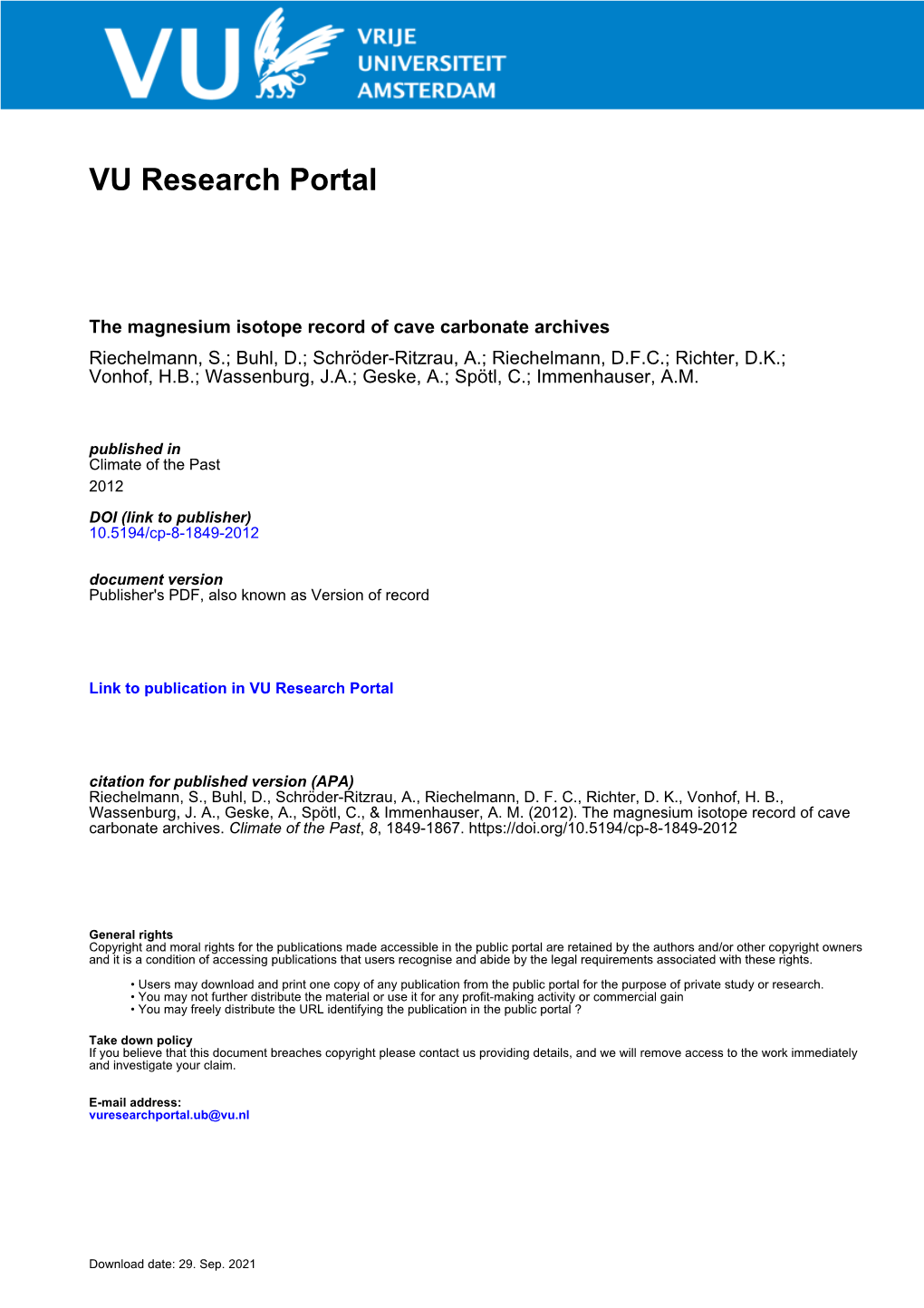 Climate of the Past the Magnesium Isotope Record of Cave