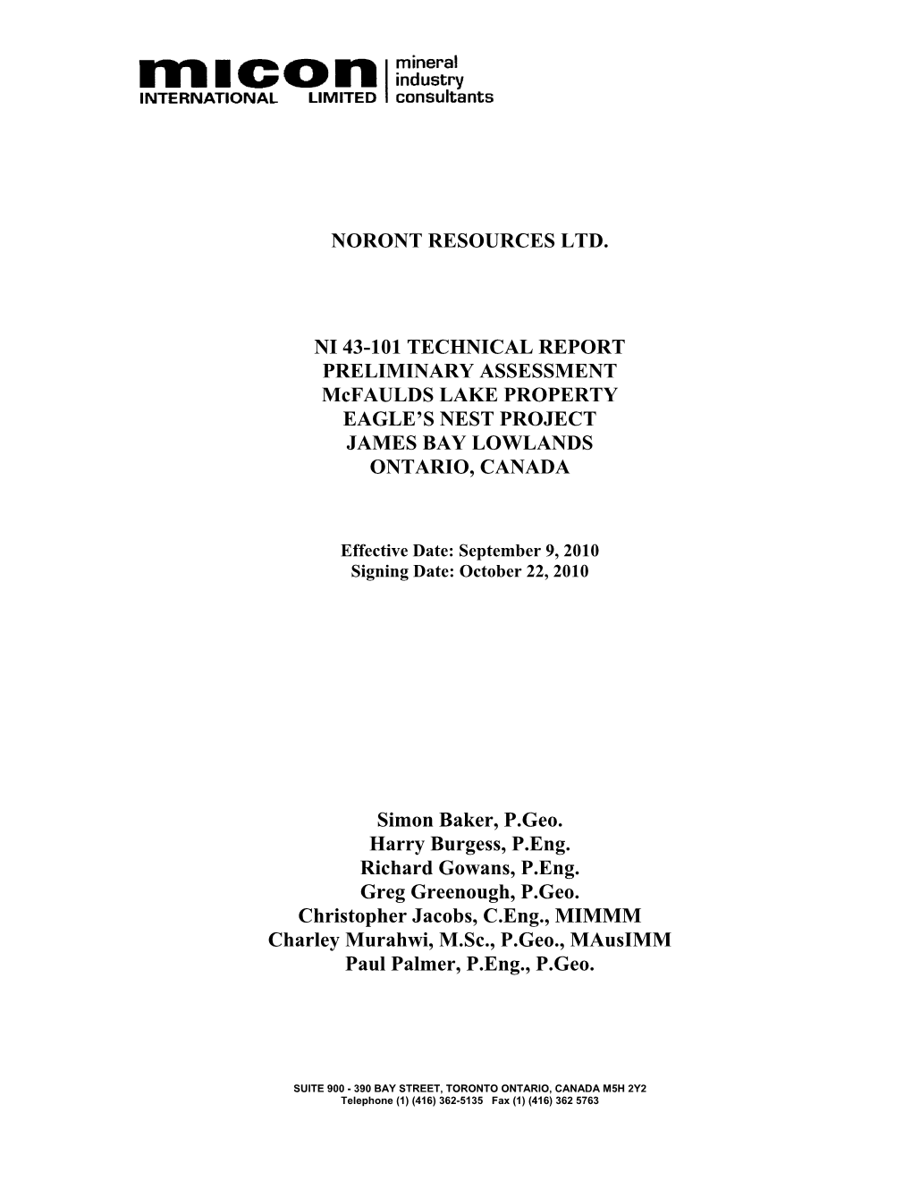 Mcfaulds Lake Preliminary Assessment NI 43-101 Report