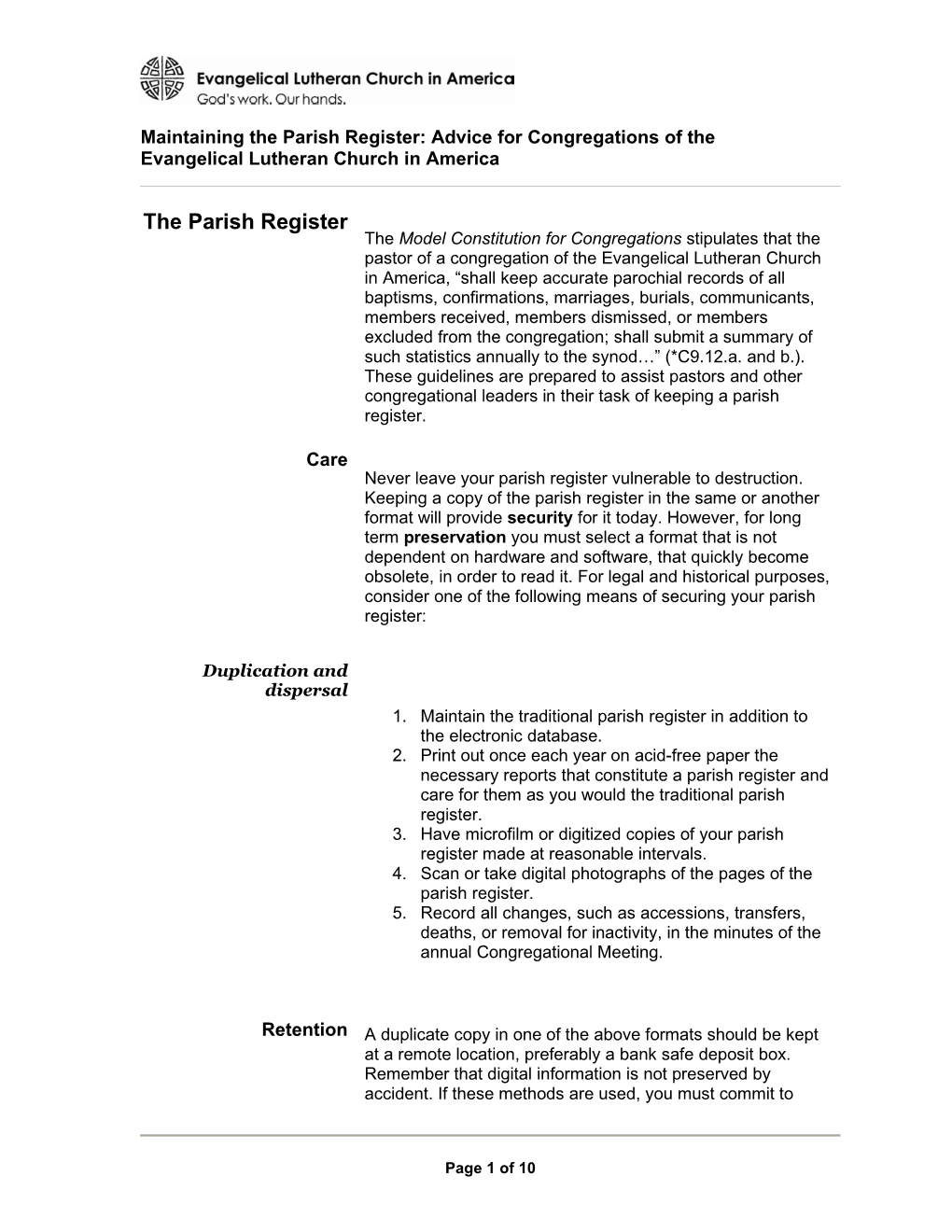 Maintaining the Parish Register: Advice for Congregations of the Evangelical Lutheran Church in America