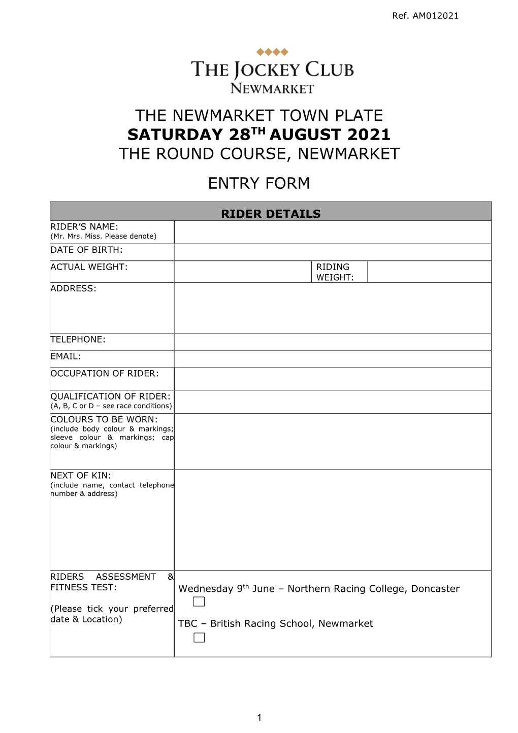 The Newmarket Town Plate Saturday 28Th August 2021 the Round Course, Newmarket Entry Form