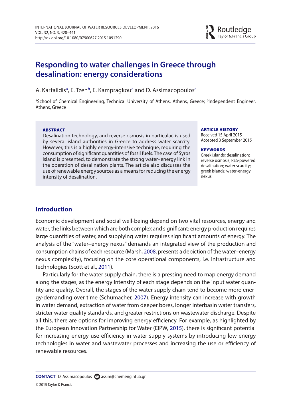 Responding to Water Challenges in Greece Through Desalination: Energy Considerations