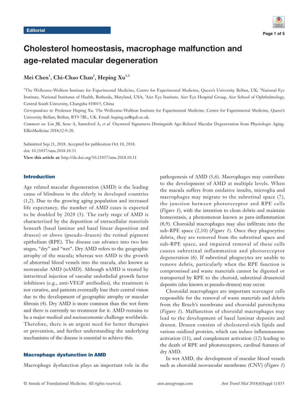 Cholesterol Homeostasis, Macrophage Malfunction and Age-Related Macular Degeneration