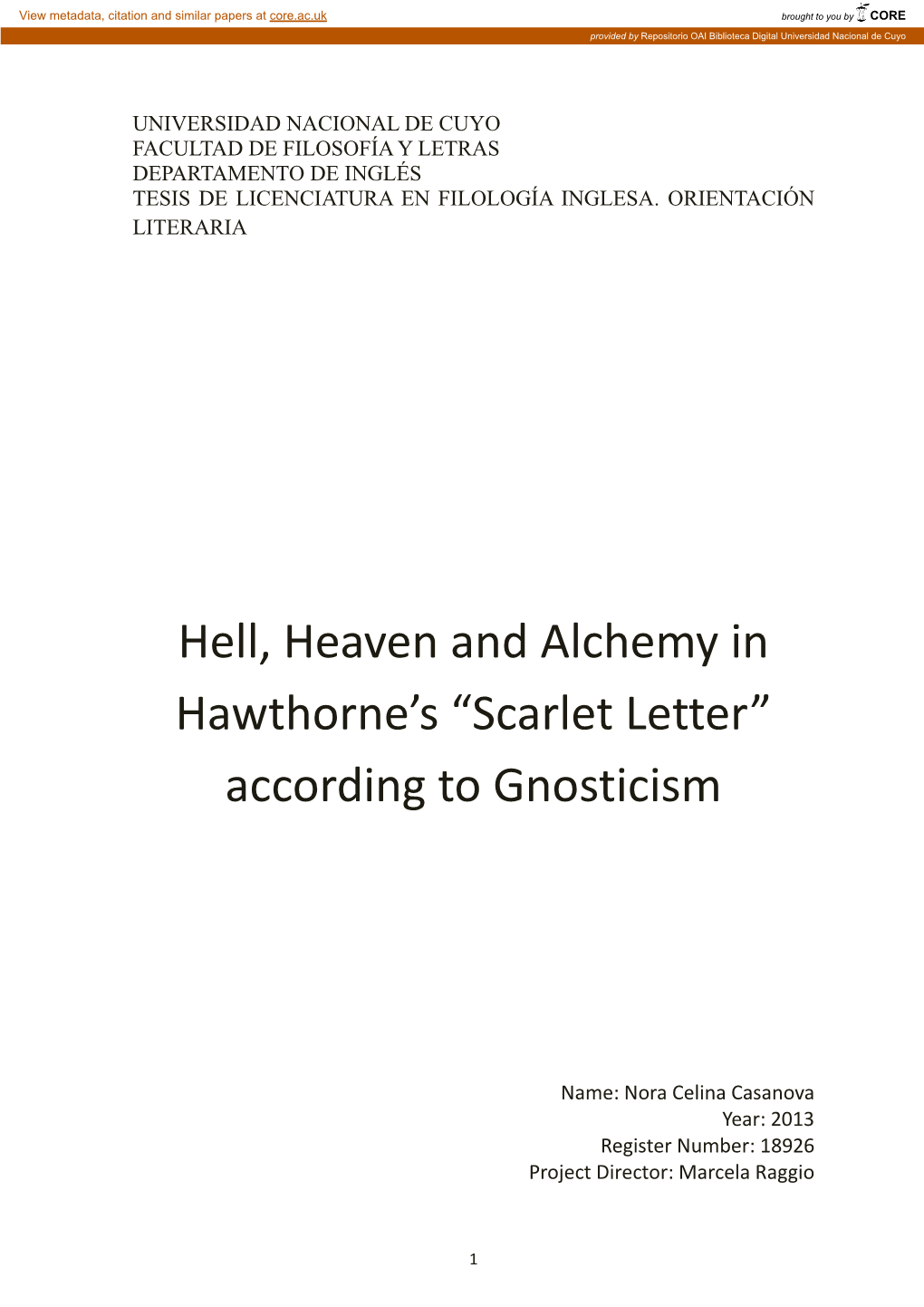 Hell, Heaven and Alchemy in Hawthorne's “Scarlet Letter” According to Gnosticism