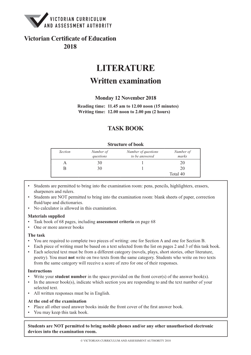 2018 Literature Written Examination