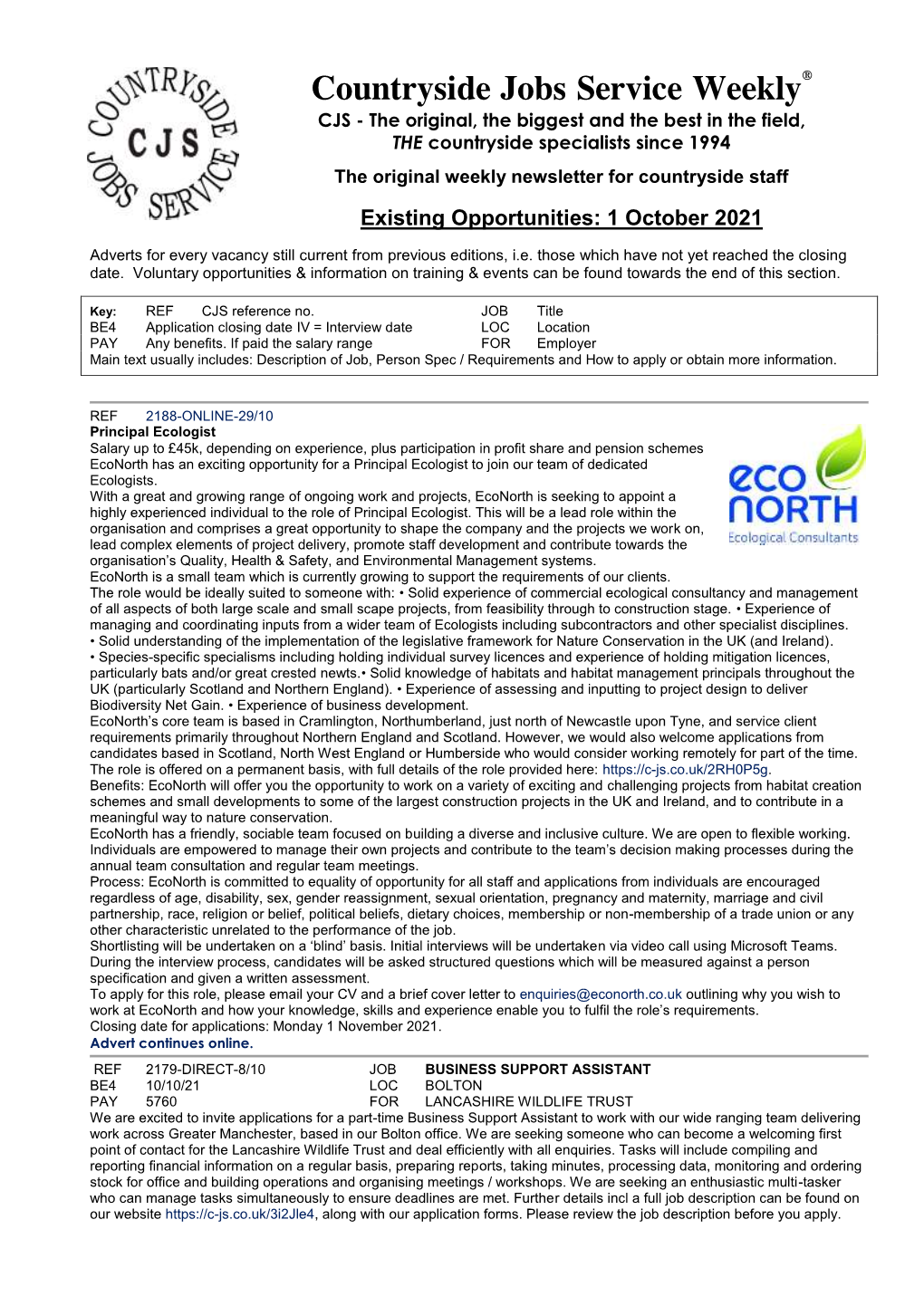 Countryside Jobs Service Weekly® CJS - the Original, the Biggest and the Best in the Field, the Countryside Specialists Since 1994