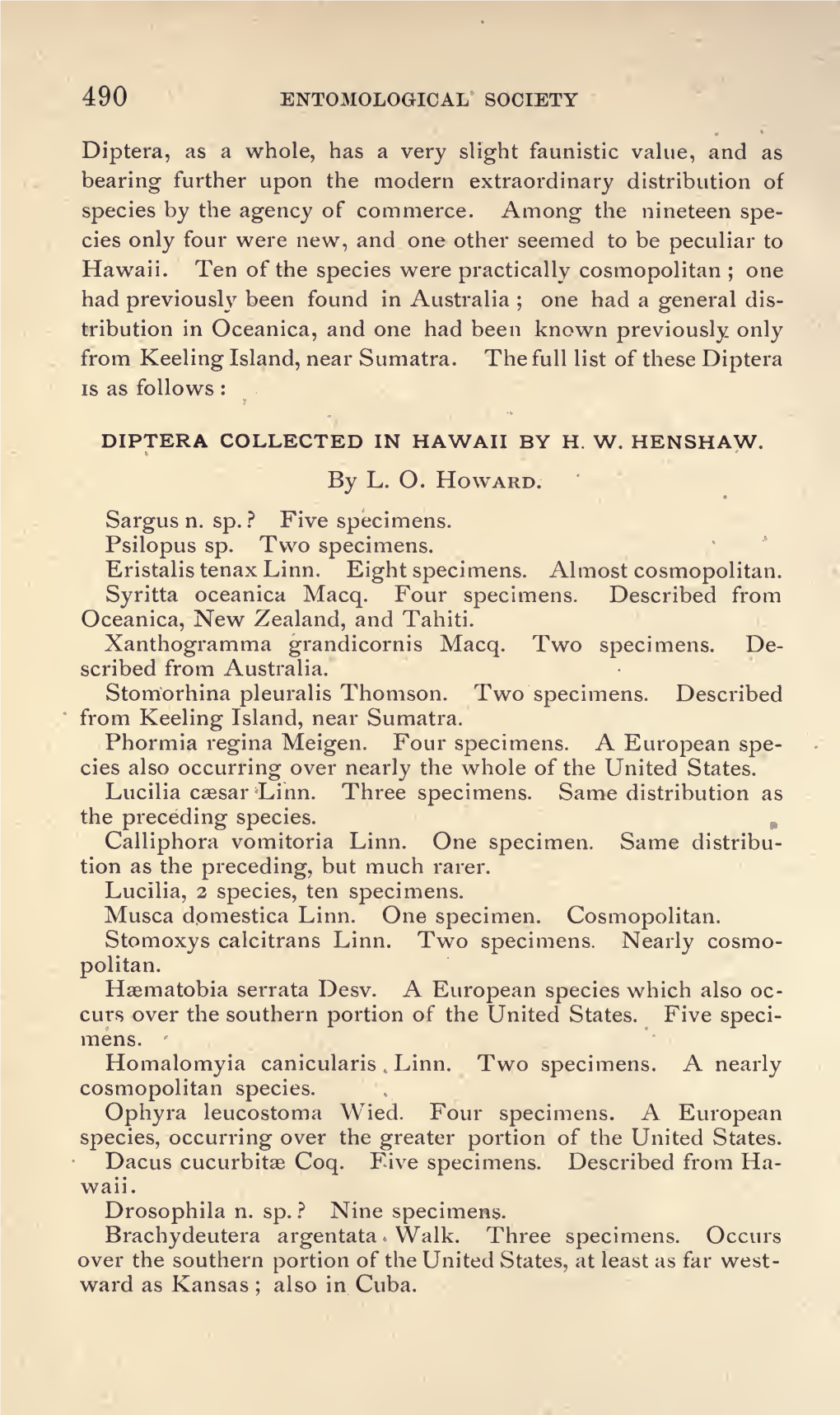 DIPTERA COLLECTED in HAWAII by H. W. HENSHAW. by L