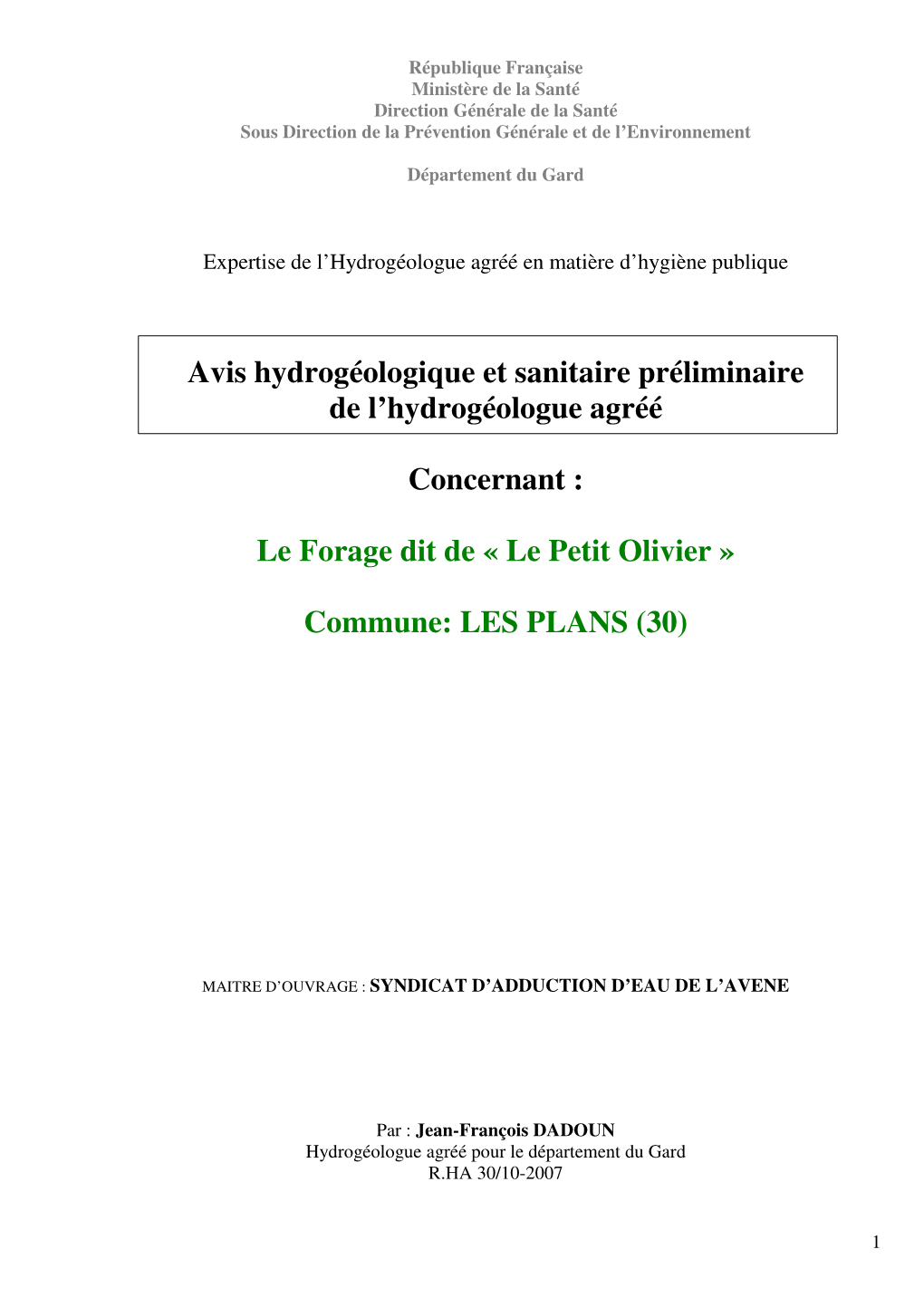 Avis Hydrogéologique Et Sanitaire Préliminaire De L’Hydrogéologue Agréé