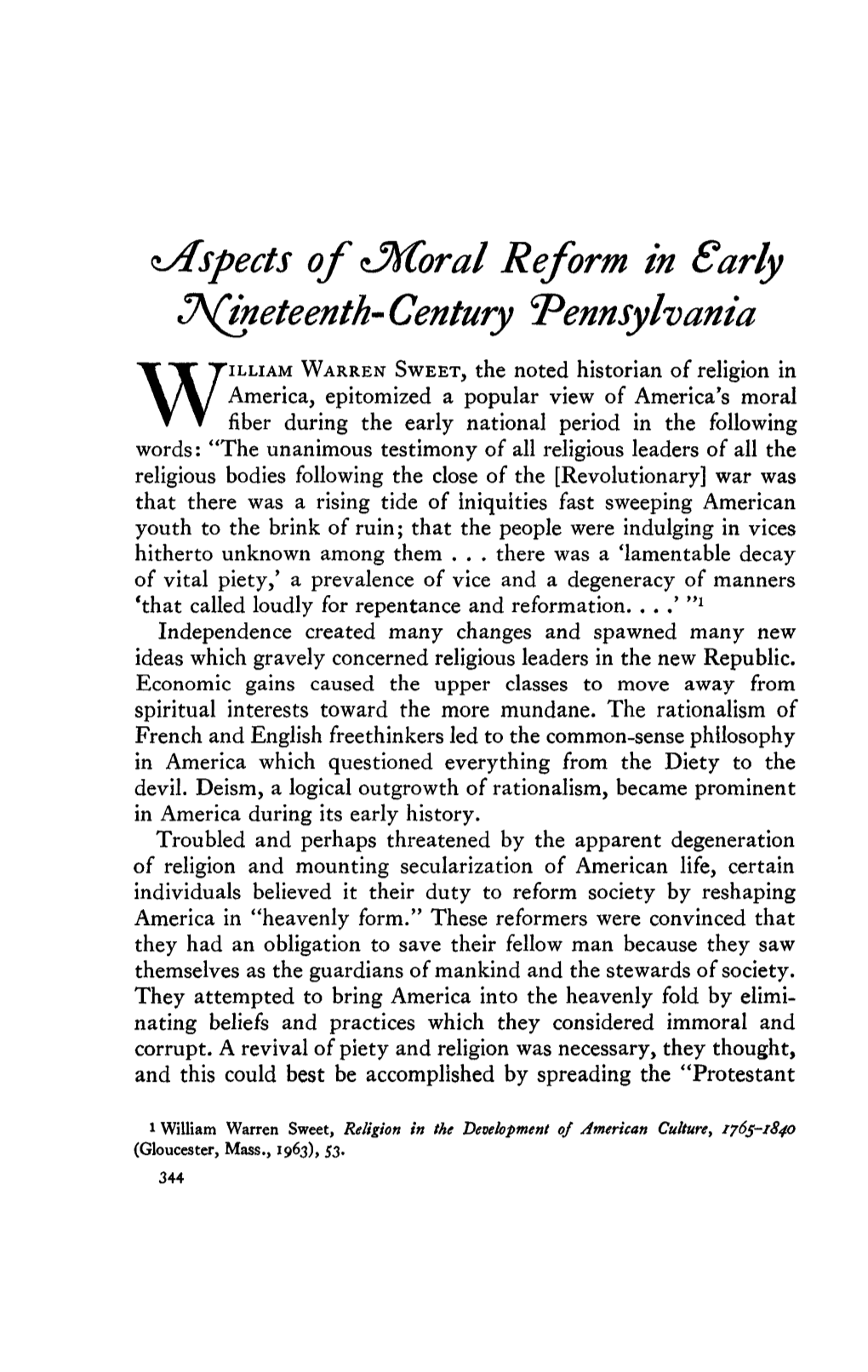 Aspects of Moral Reform in Early Nineteenth-Century Pennsylvania