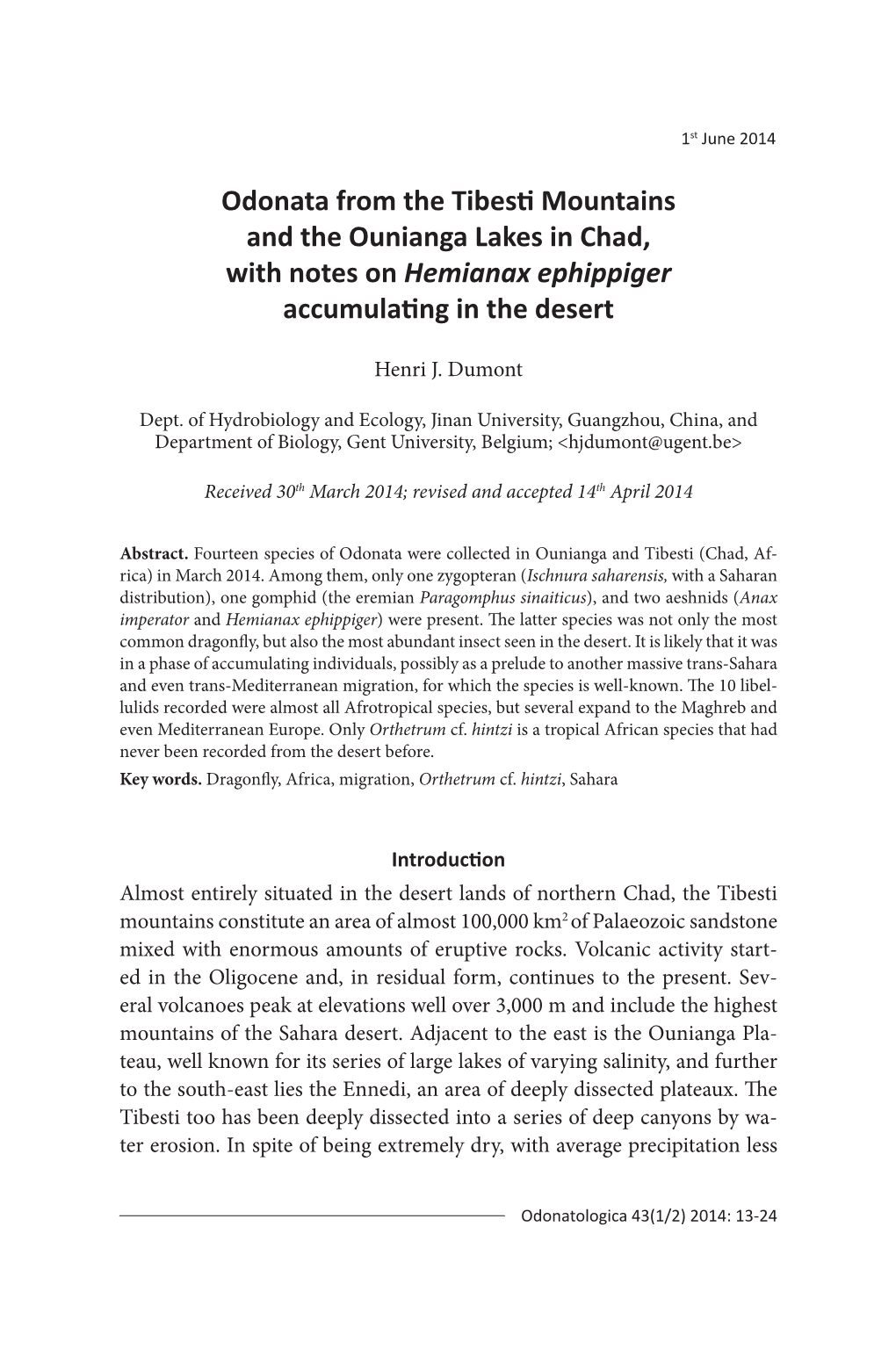 Odonata from the Tibesti Mountains and the Ounianga Lakes in Chad, with Notes on Hemianax Ephippiger Accumulating in the Desert