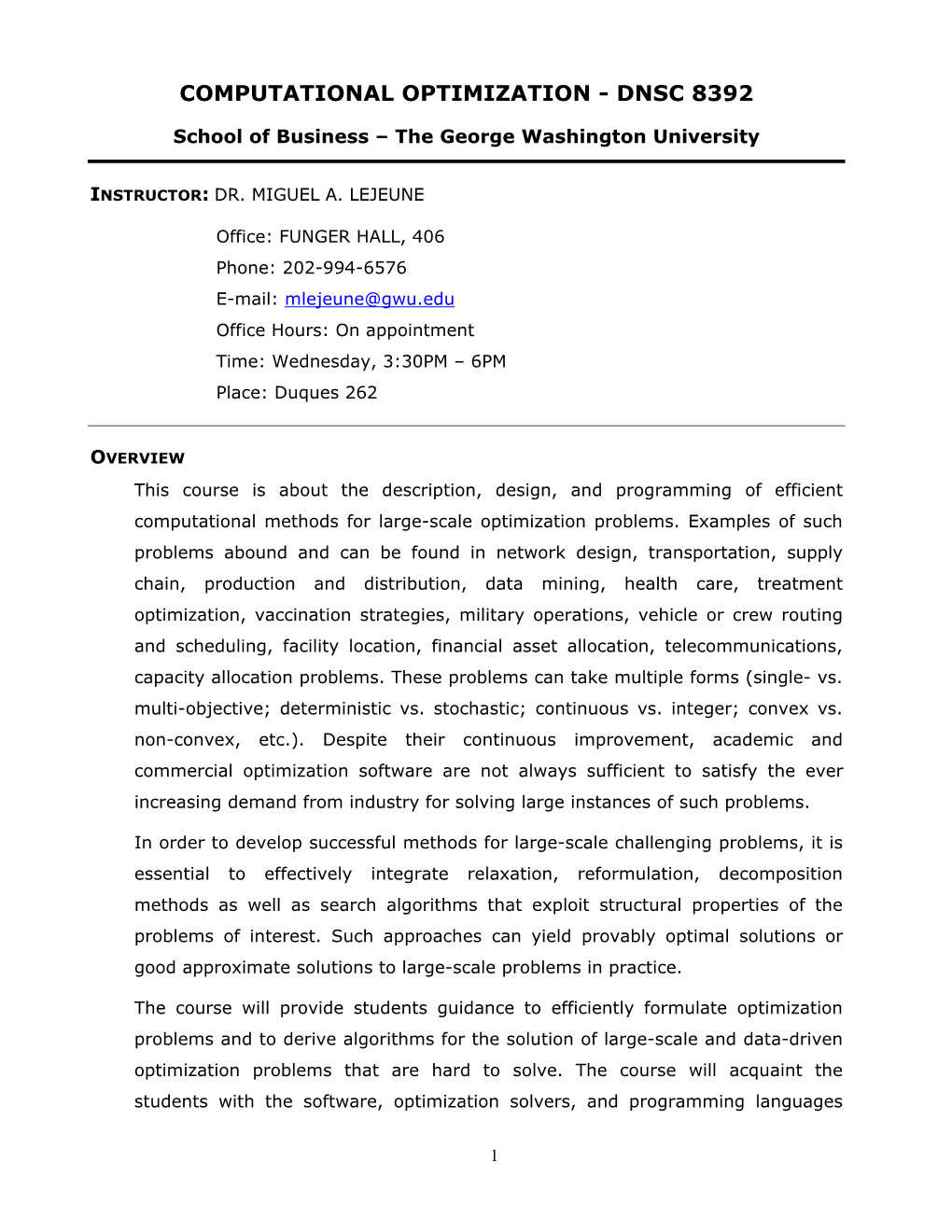 Computational Optimization - Dnsc 8392