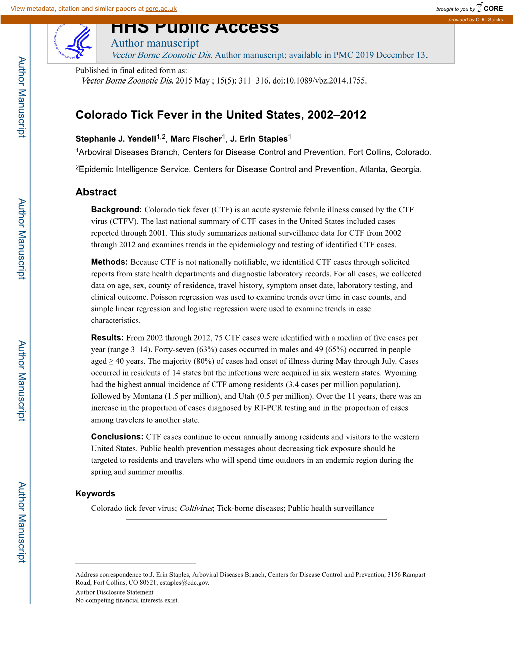 Colorado Tick Fever in the United States, 2002–2012