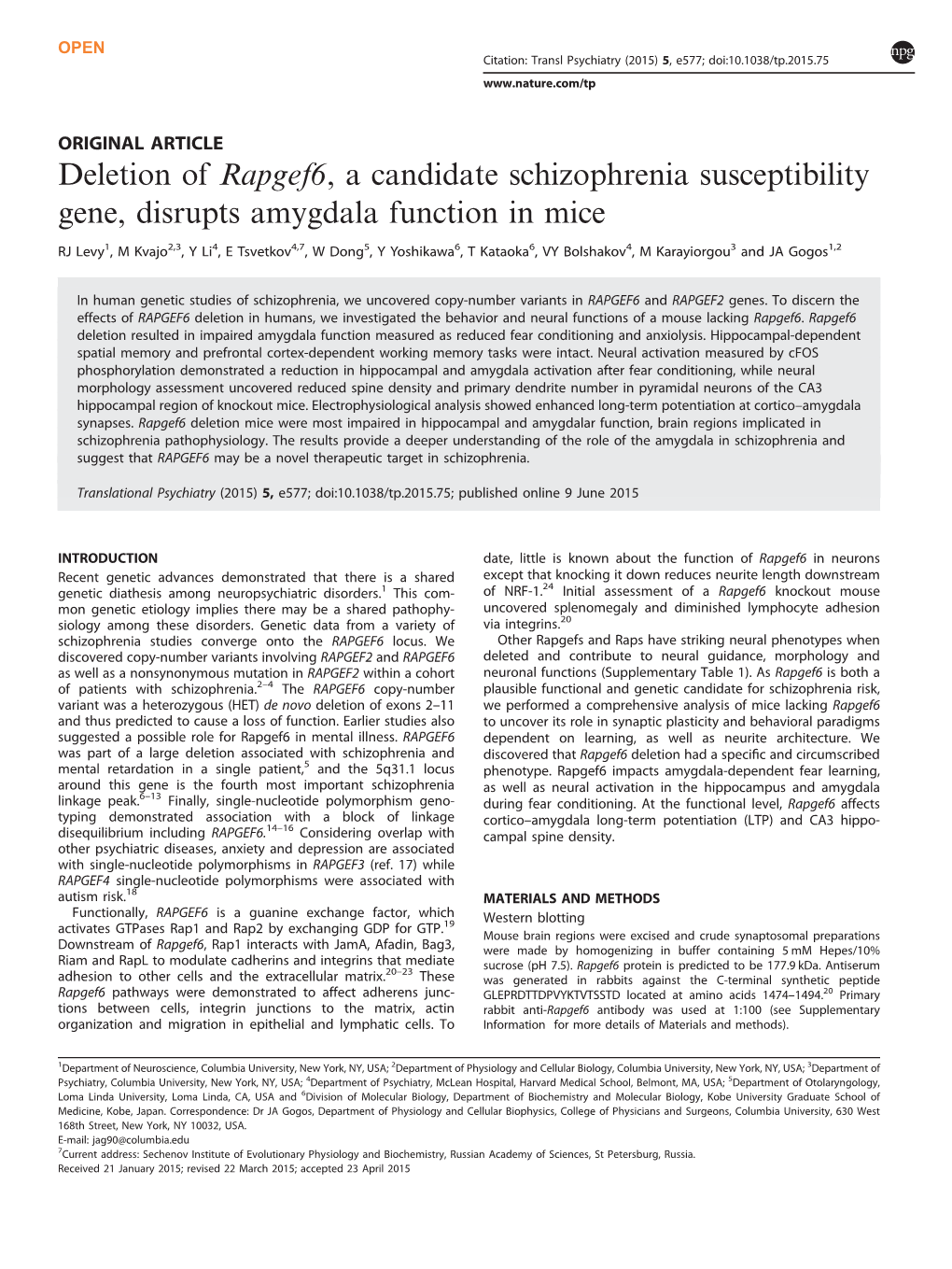 Deletion of Rapgef6, a Candidate Schizophrenia Susceptibility Gene, Disrupts Amygdala Function in Mice