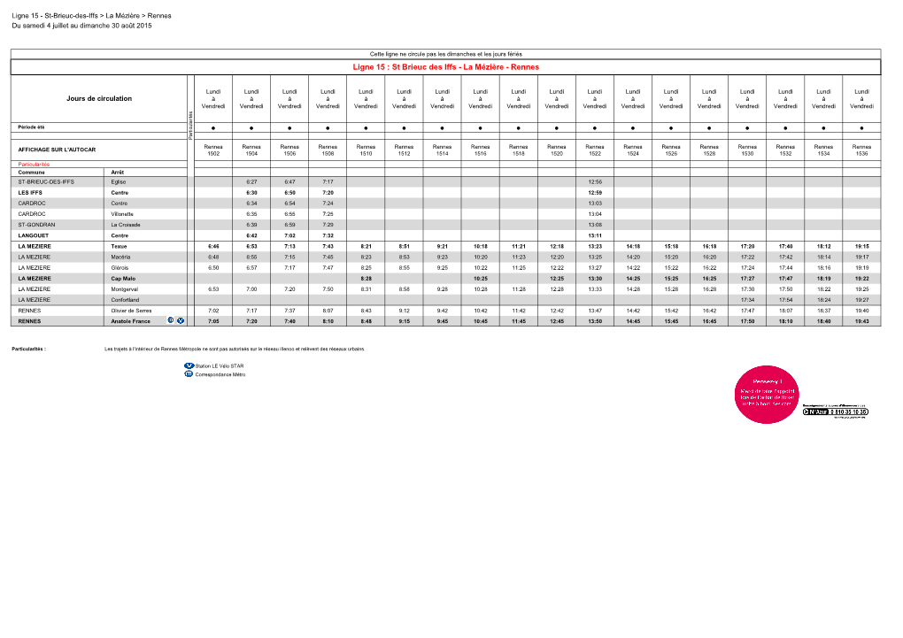 Ligne 15 : St Brieuc Des Iffs - La Mézière - Rennes