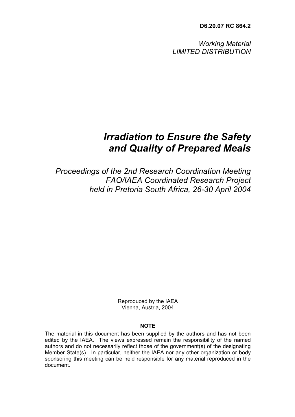 Irradiation to Ensure the Safety and Quality of Prepared Meals