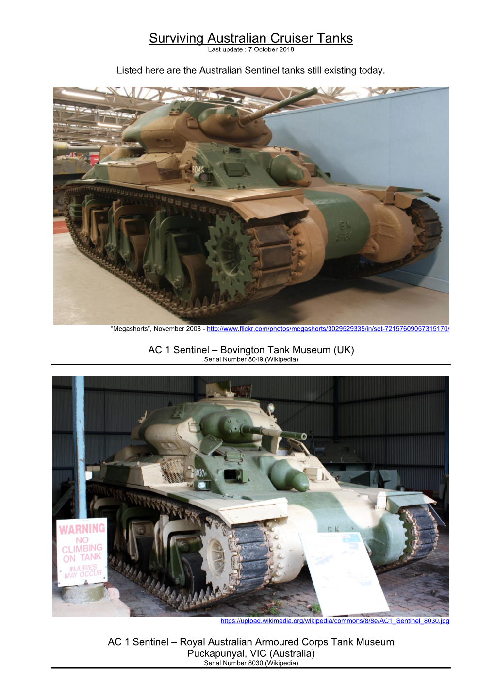 Surviving Australian Cruiser Tanks Last Update : 7 October 2018