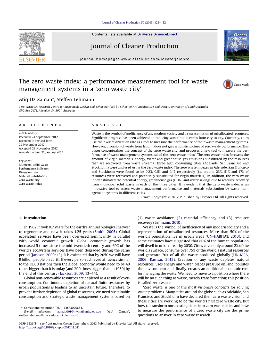 The Zero Waste Index: a Performance Measurement Tool for Waste Management Systems in a ‘Zero Waste City’