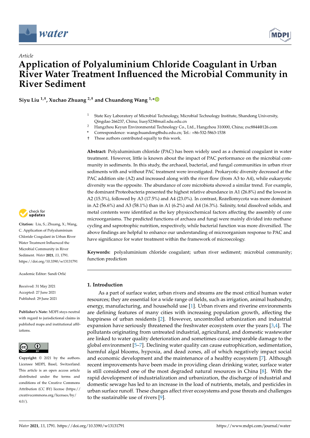 Application of Polyaluminium Chloride Coagulant in Urban River Water Treatment Inﬂuenced the Microbial Community in River Sediment