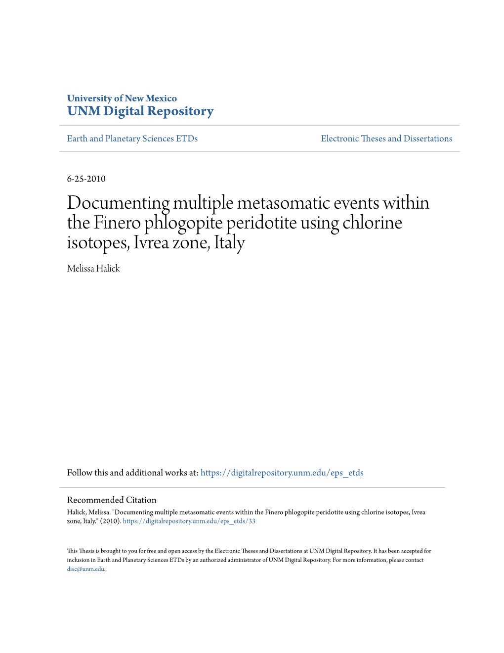 Documenting Multiple Metasomatic Events Within the Finero Phlogopite Peridotite Using Chlorine Isotopes, Ivrea Zone, Italy Melissa Halick