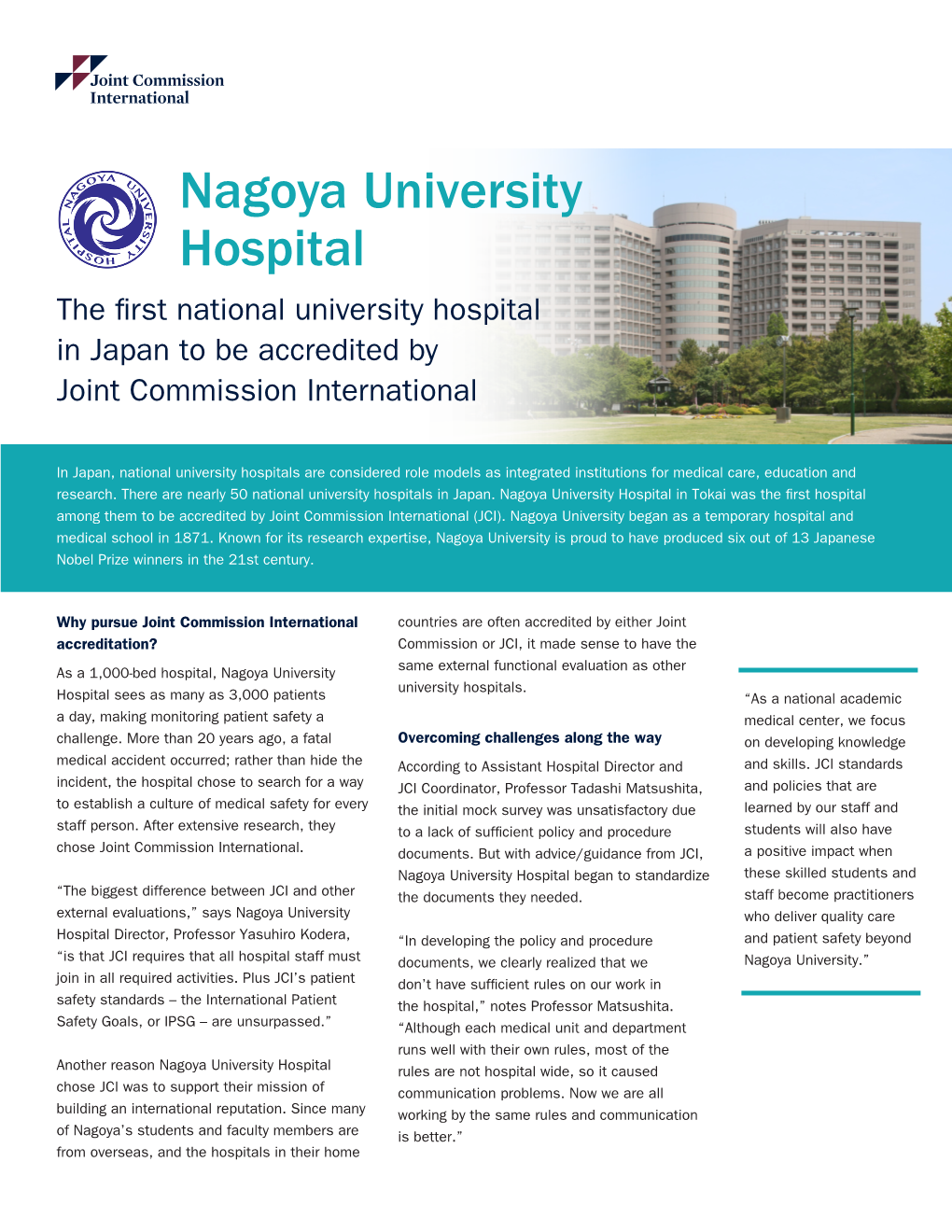 Nagoya University Hospital the First National University Hospital in Japan to Be Accredited by Joint Commission International