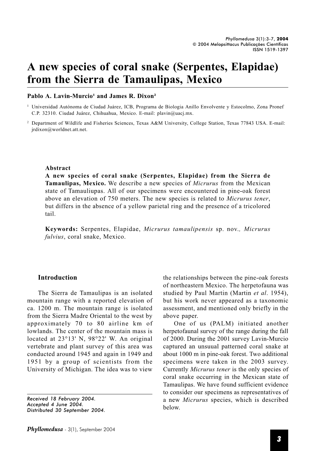 A New Species of Coral Snake (Serpentes, Elapidae) from the Sierra De Tamaulipas, Mexico