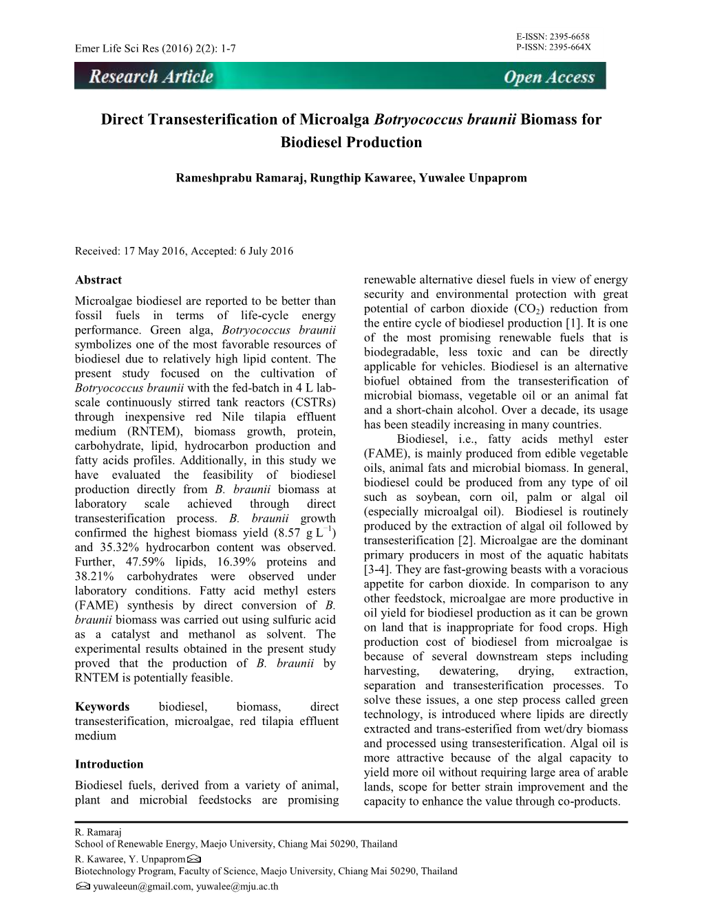 Direct Transesterification of Microalga Botryococcus Braunii Biomass for Biodiesel Production