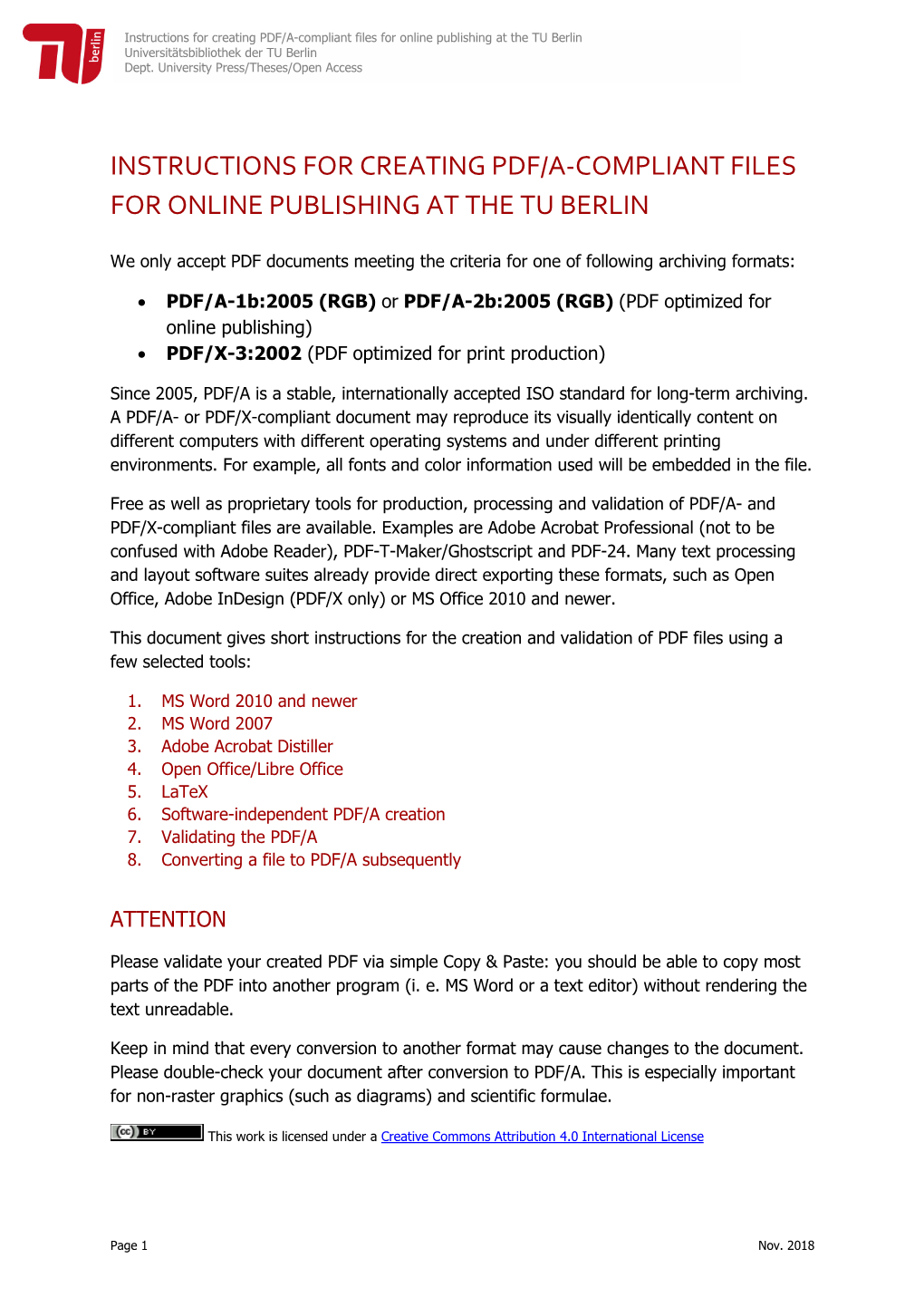 Instructions for Creating PDF/A-Compliant Files for Online Publishing at the TU Berlin Universitätsbibliothek Der TU Berlin Dept