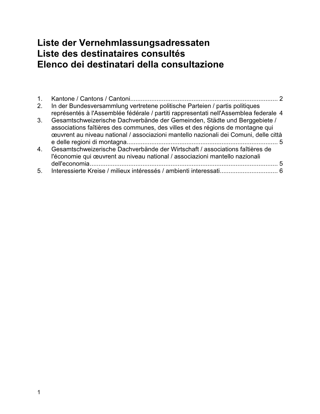 Liste Der Vernehmlassungsadressaten Liste Des Destinataires Consultés Elenco Dei Destinatari Della Consultazione