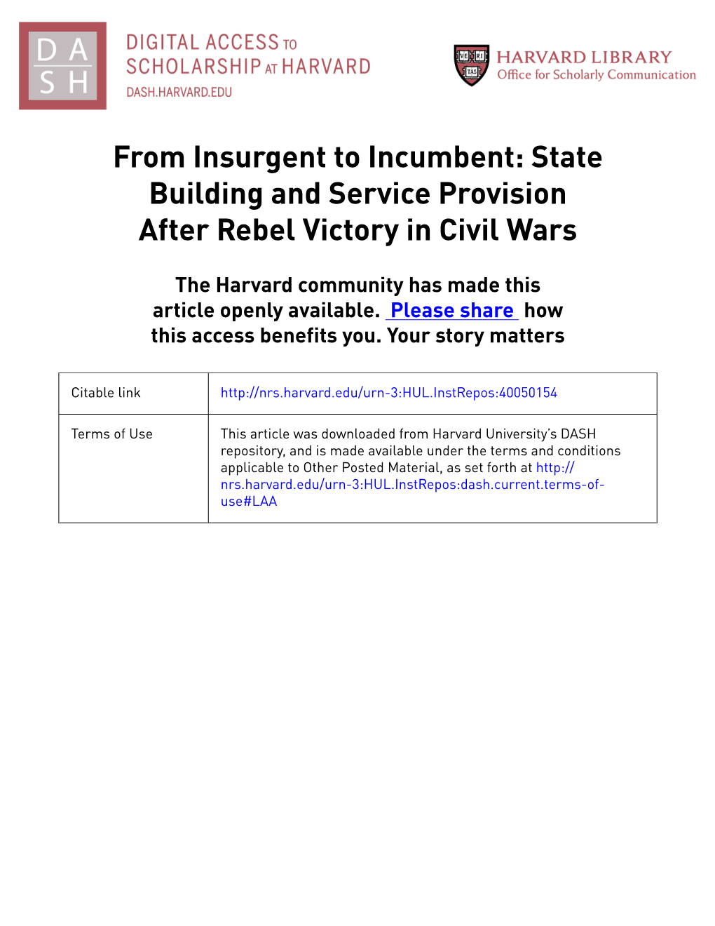 State Building and Service Provision After Rebel Victory in Civil Wars