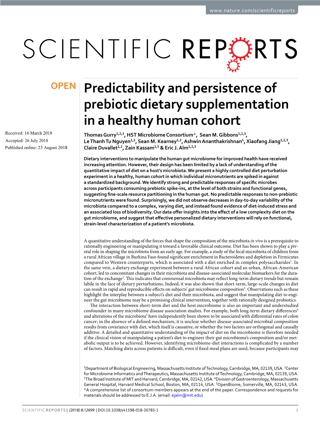 Predictability and Persistence of Prebiotic Dietary Supplementation in a Healthy Human Cohort