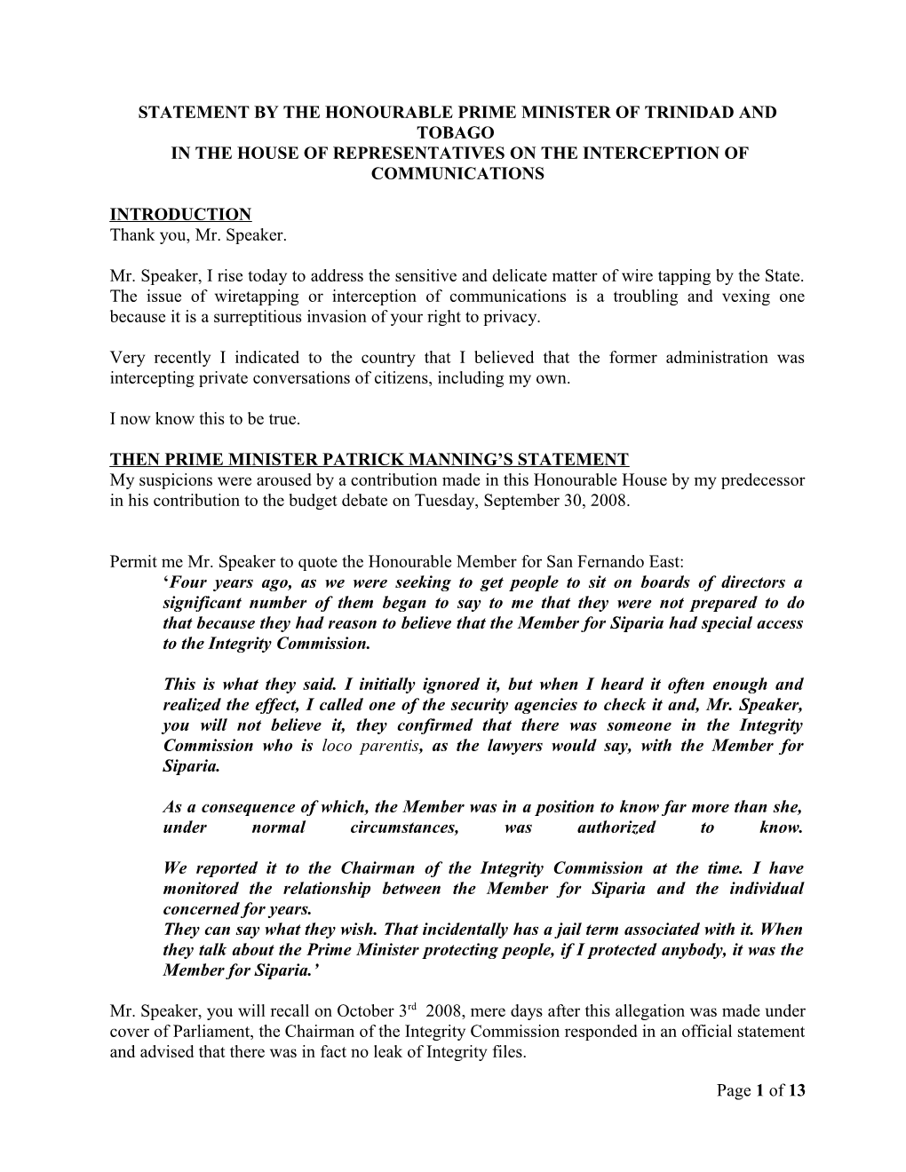 Statement by the Honourable Prime Minister of Trinidad and Tobago in the House of Representatives on the Interception of Communications