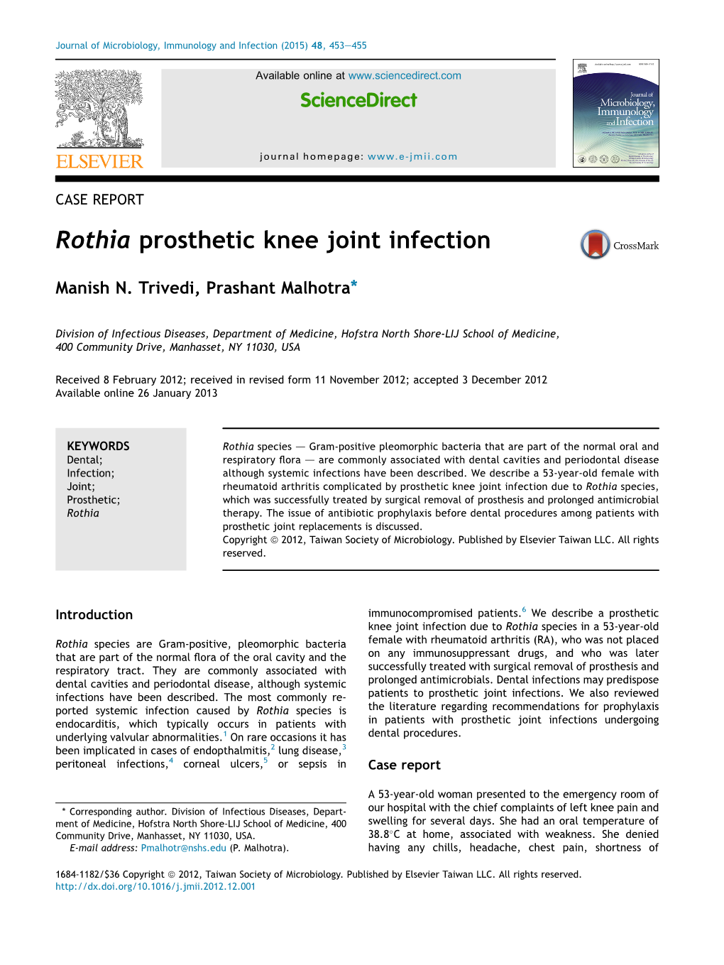 Rothia Prosthetic Knee Joint Infection