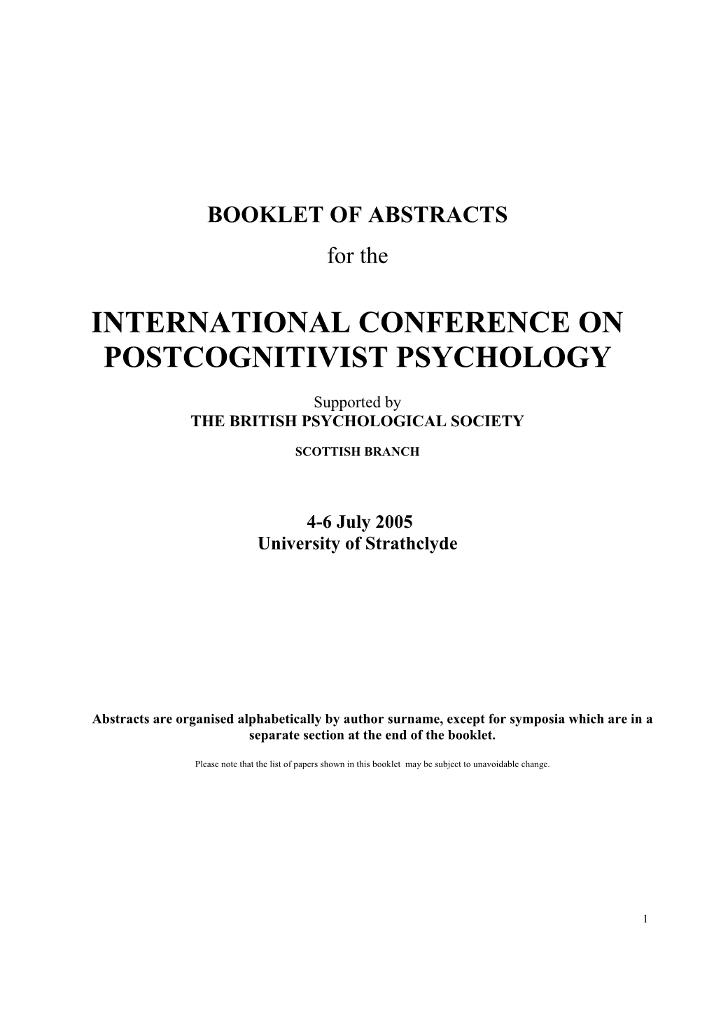 International Conference on Postcognitivist Psychology