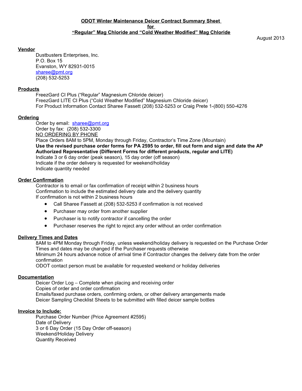 ODOT Winter Maintenance Deicer Contract Summary Sheet