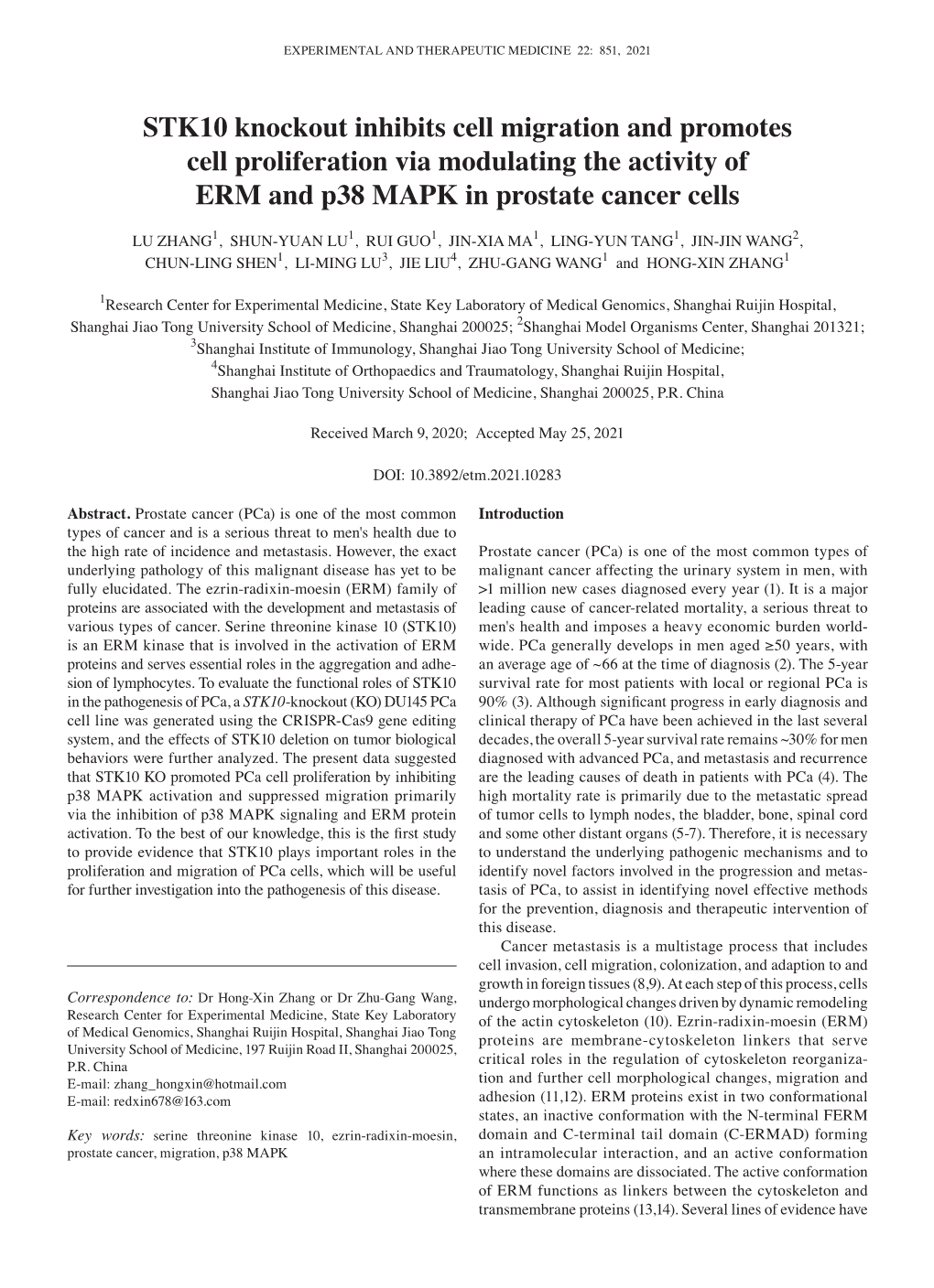 STK10 Knockout Inhibits Cell Migration and Promotes Cell Proliferation Via Modulating the Activity of ERM and P38 MAPK in Prostate Cancer Cells