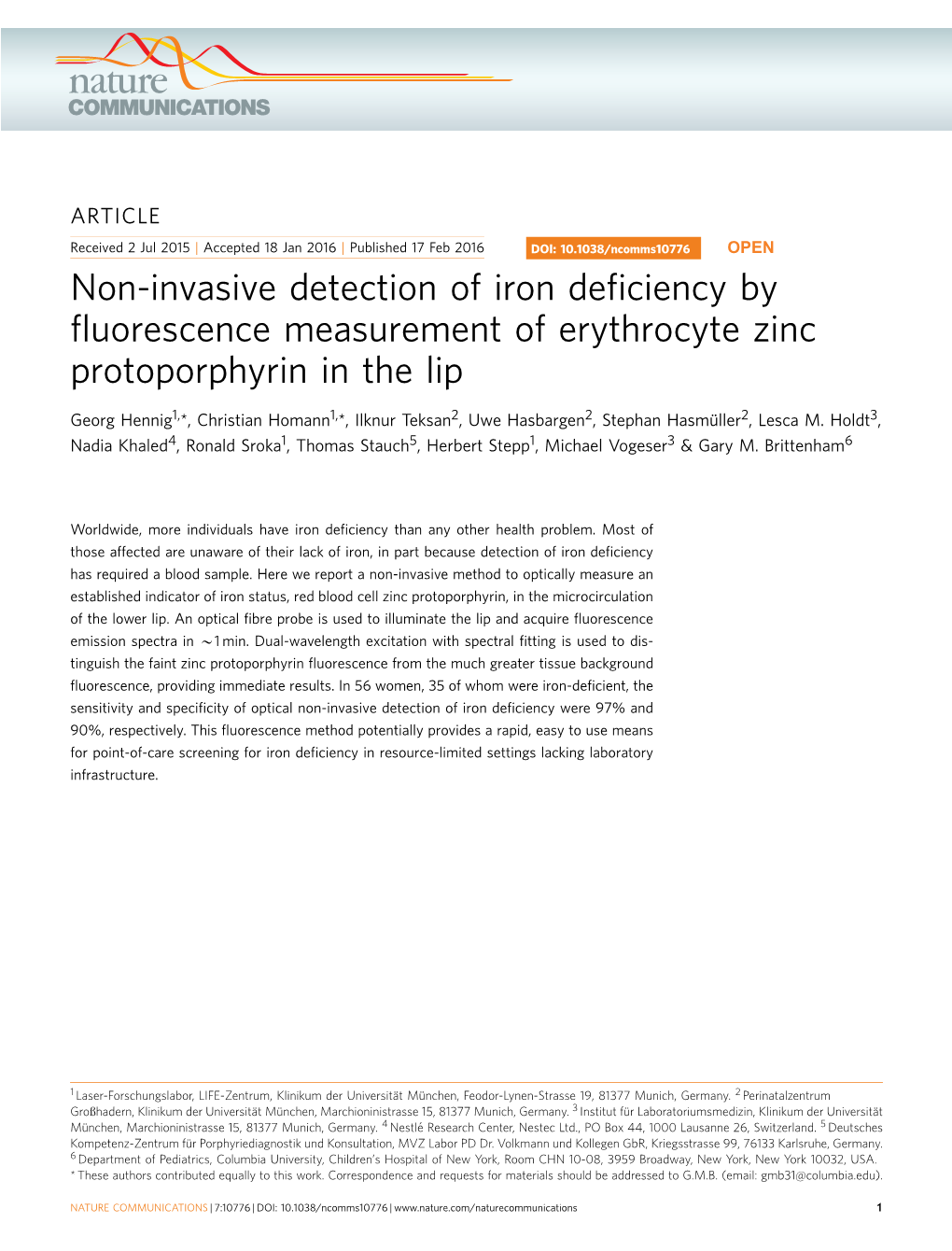 Non-Invasive Detection of Iron Deficiency by Fluorescence