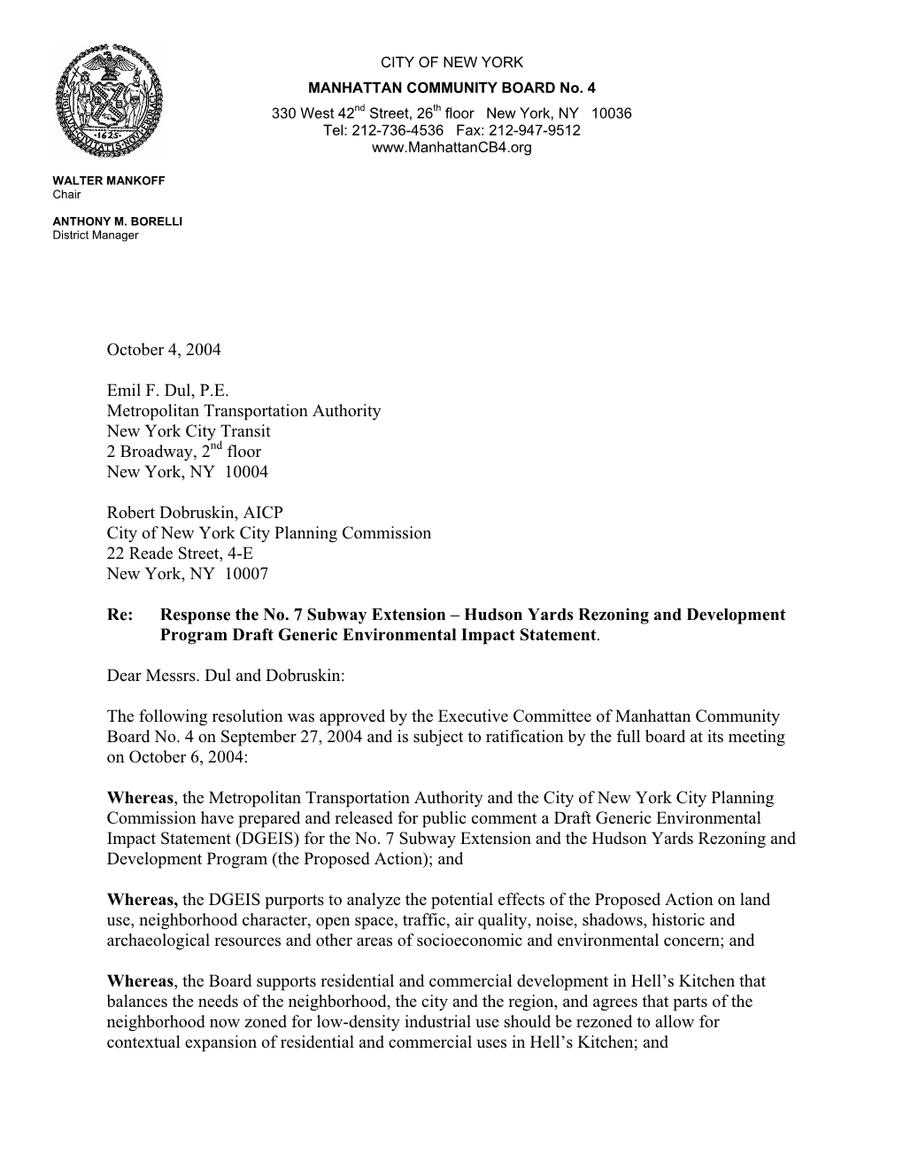 Letter to DCP and MTA, Re: Comments and Recommendation on the No. 7 Subway Extension-Hudson