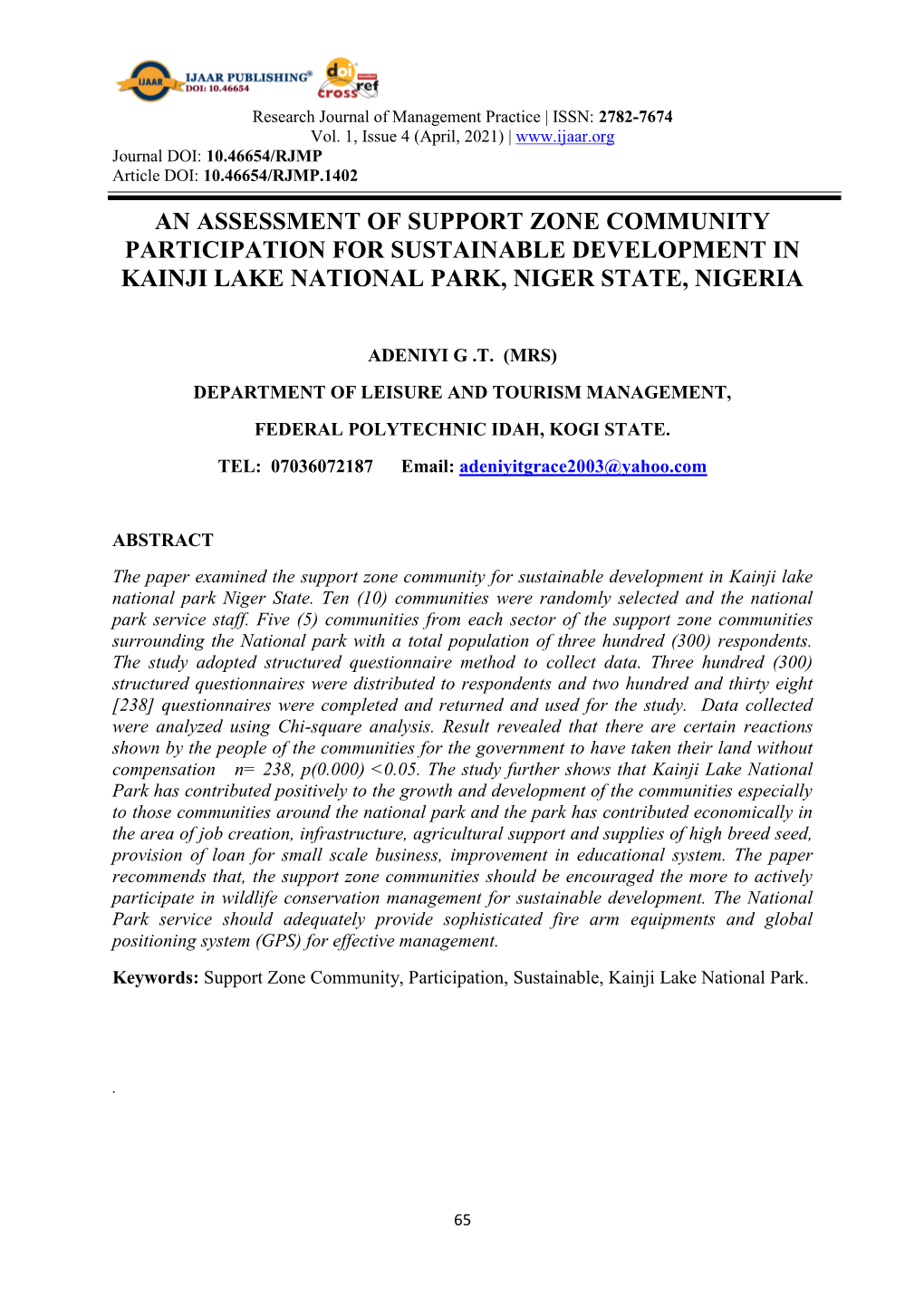 An Assessment of Support Zone Community Participation for Sustainable Development in Kainji Lake National Park, Niger State, Nigeria