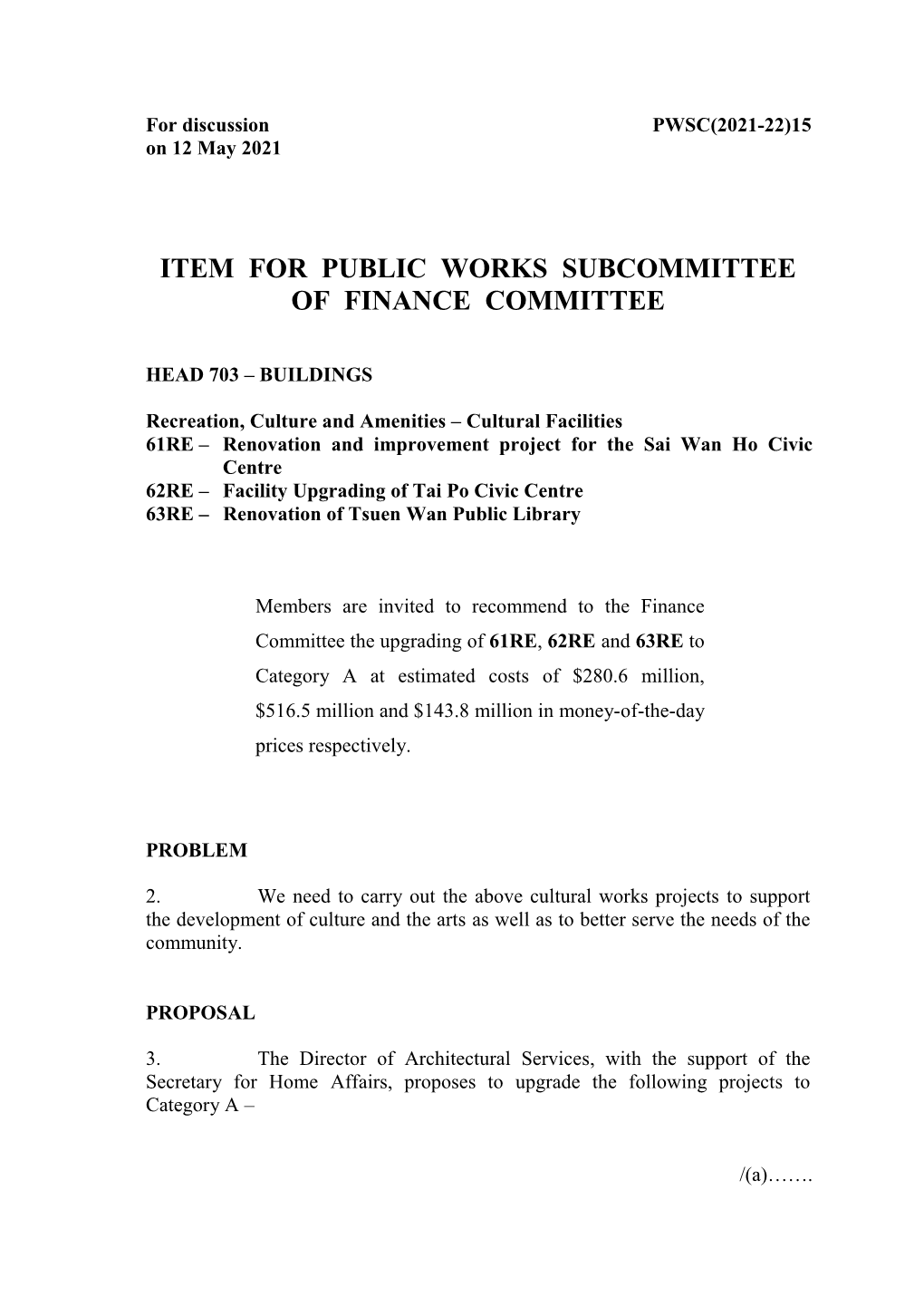 Item for Public Works Subcommittee of Finance Committee