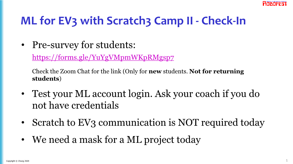 ML for EV3 with Scratch3 Camp II - Check-In