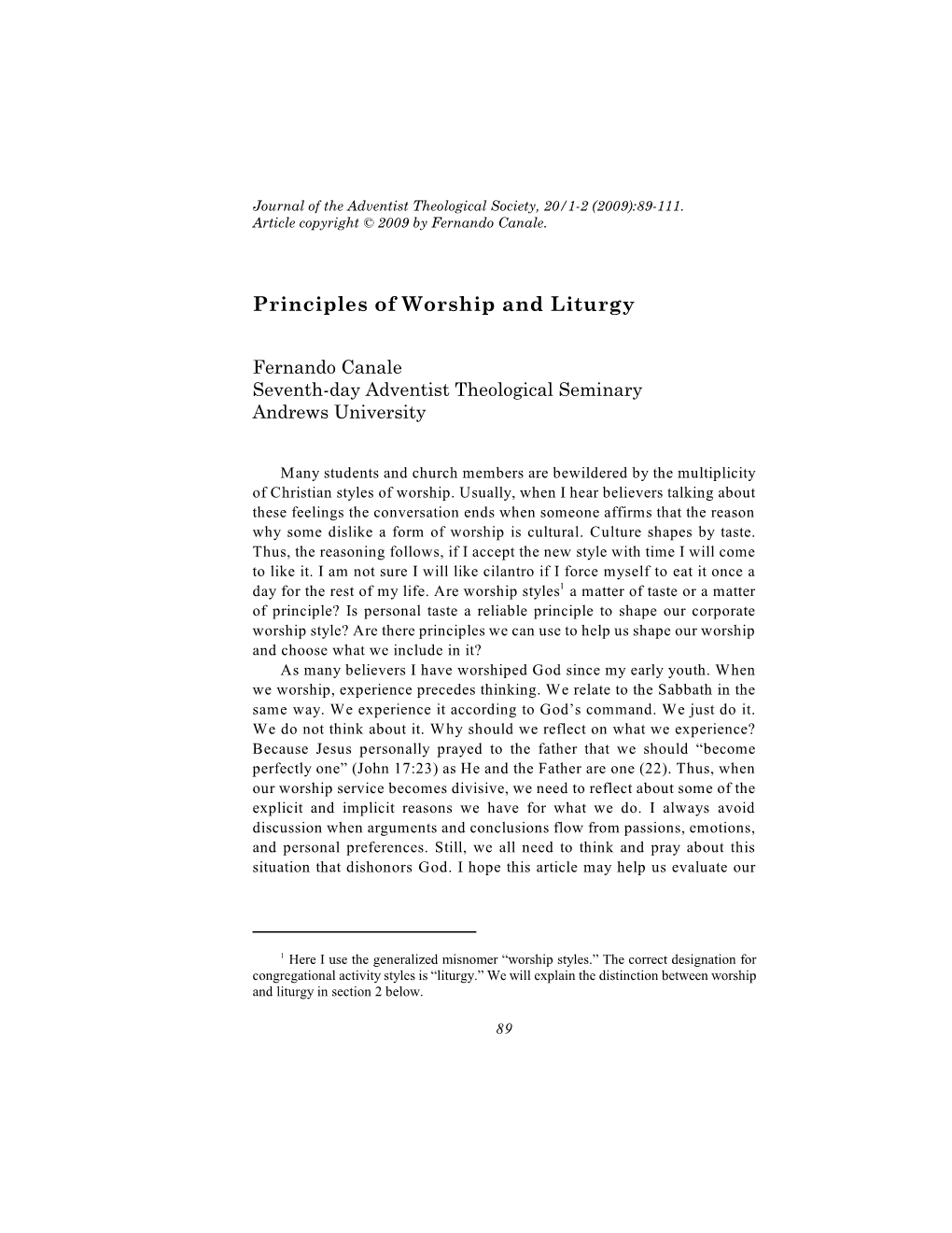 “Principles of Worship and Liturgy.” Journal of the Adventist Theological