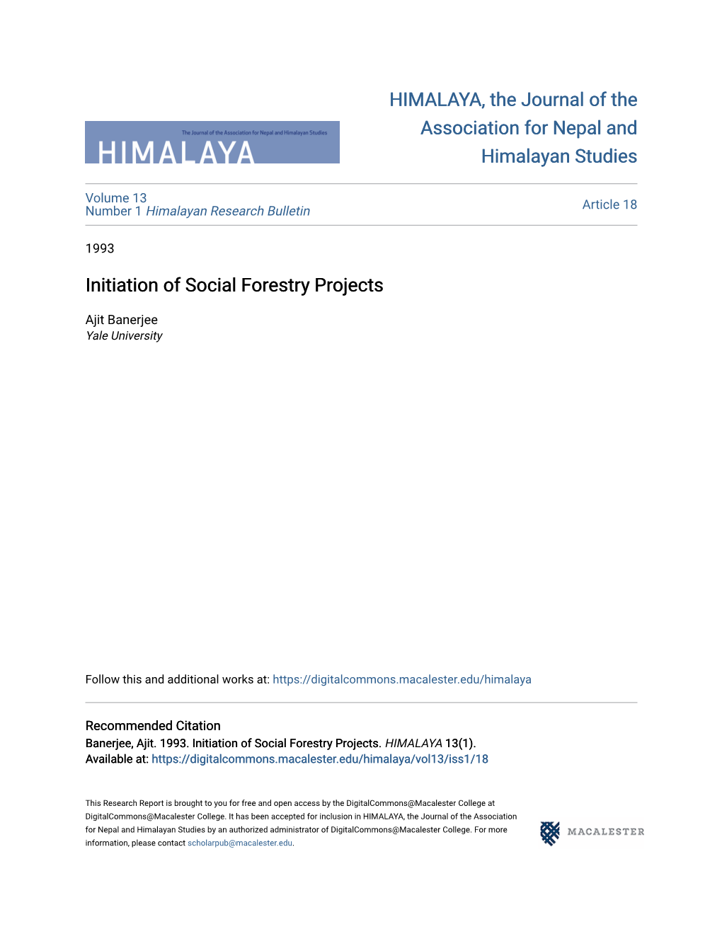 Initiation of Social Forestry Projects