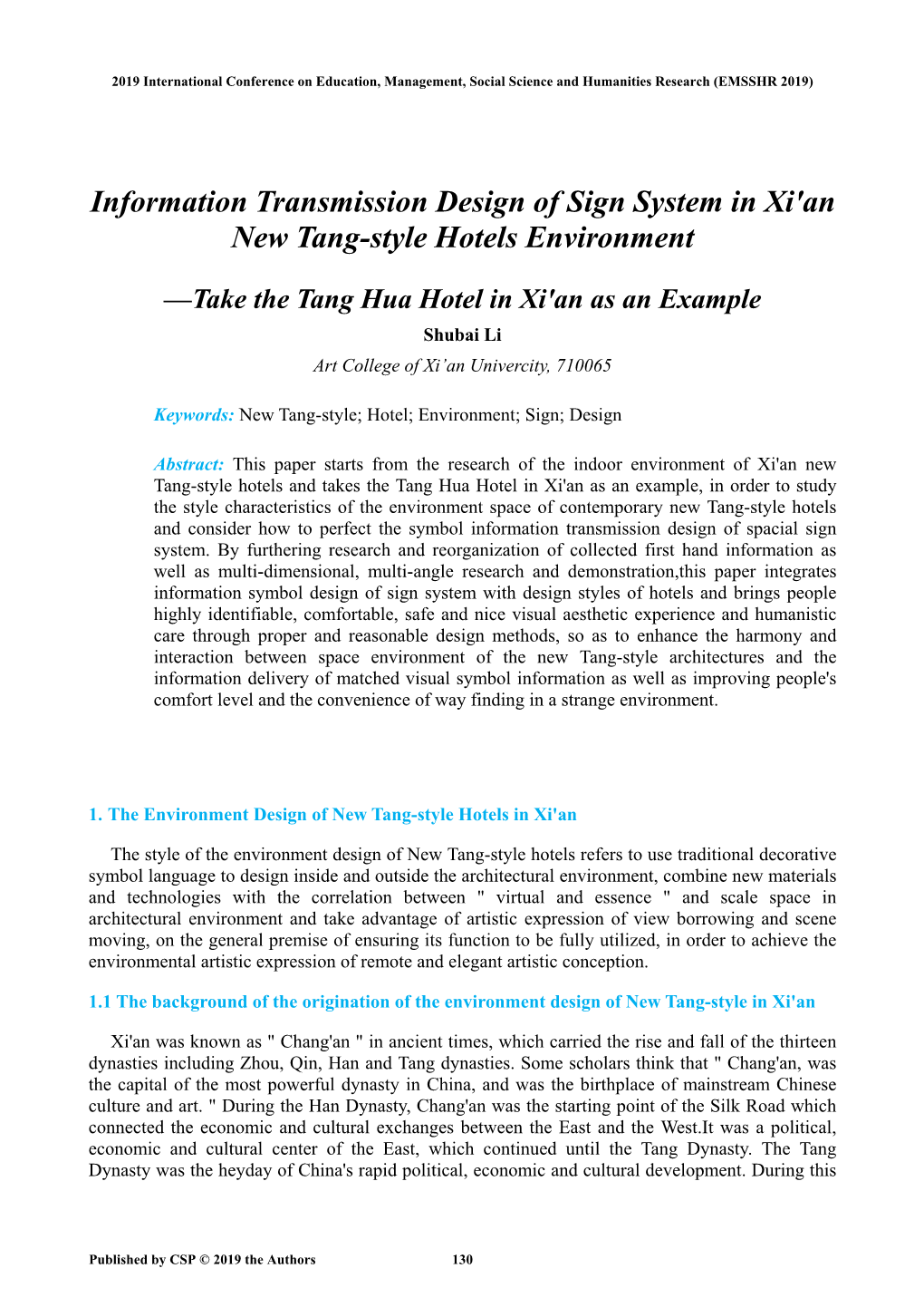 Information Transmission Design of Sign System in Xi'an New Tang-Style Hotels Environment