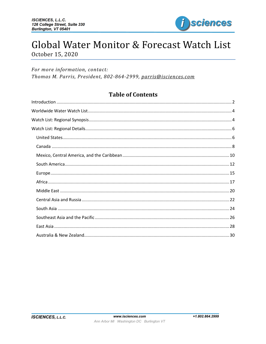 Isciences Global Water Monitor & Forecast Watch List October 2020