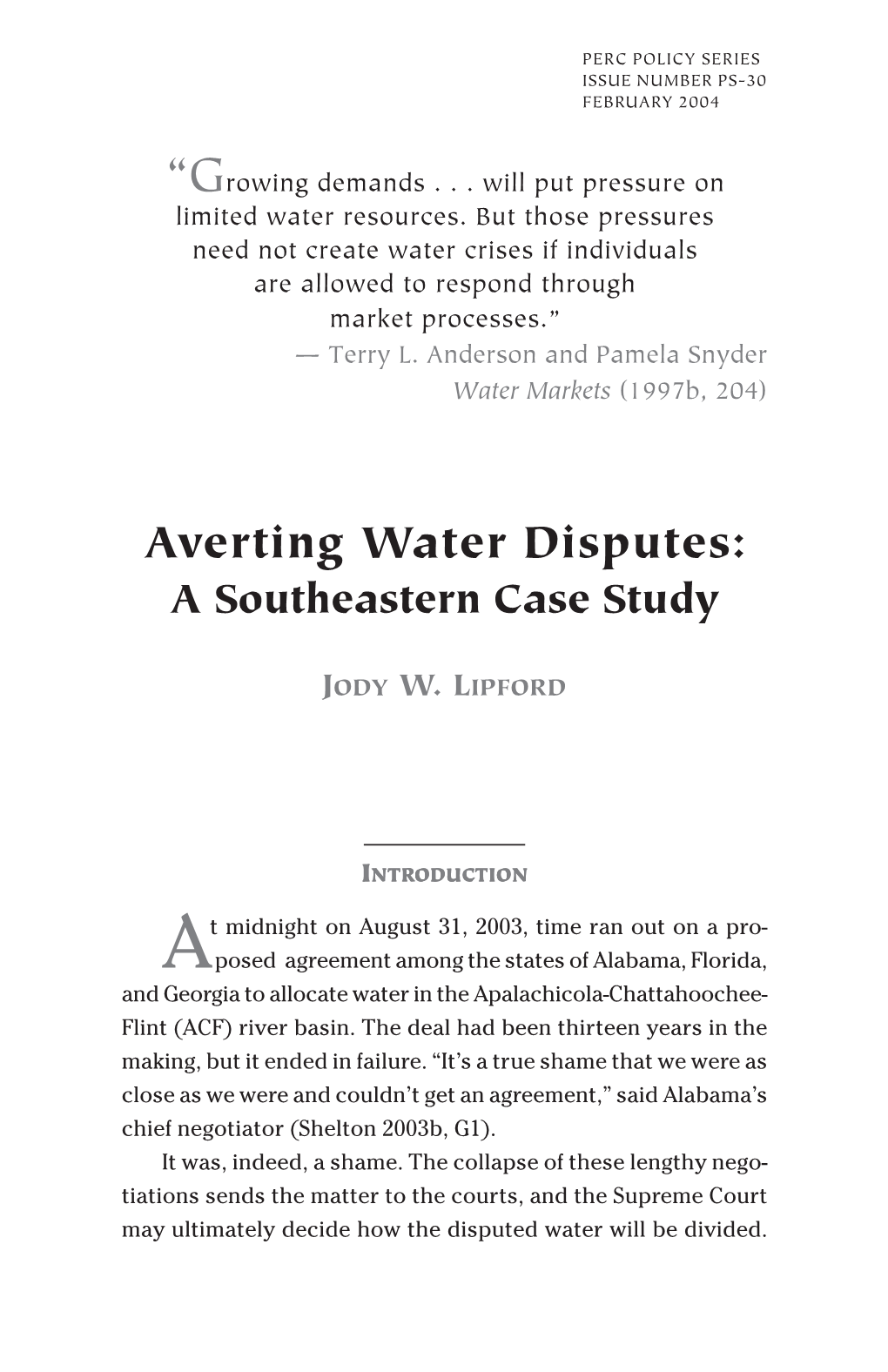 Averting Water Disputes: a Southeastern Case Study