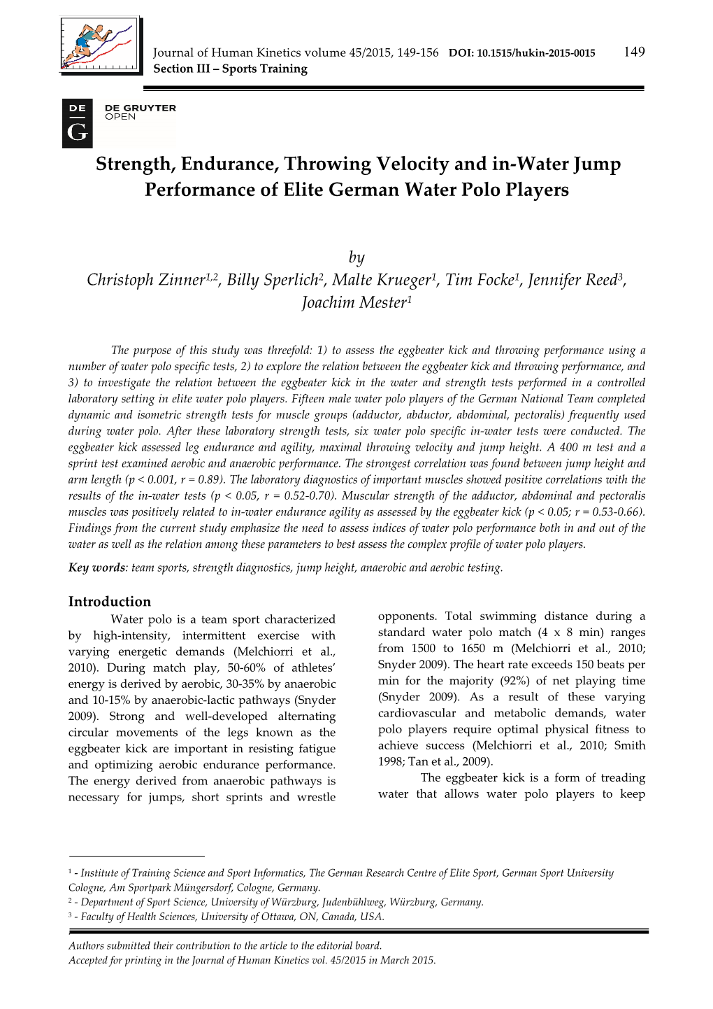 Strength, Endurance, Throwing Velocity and In-Water Jump Performance of Elite German Water Polo Players