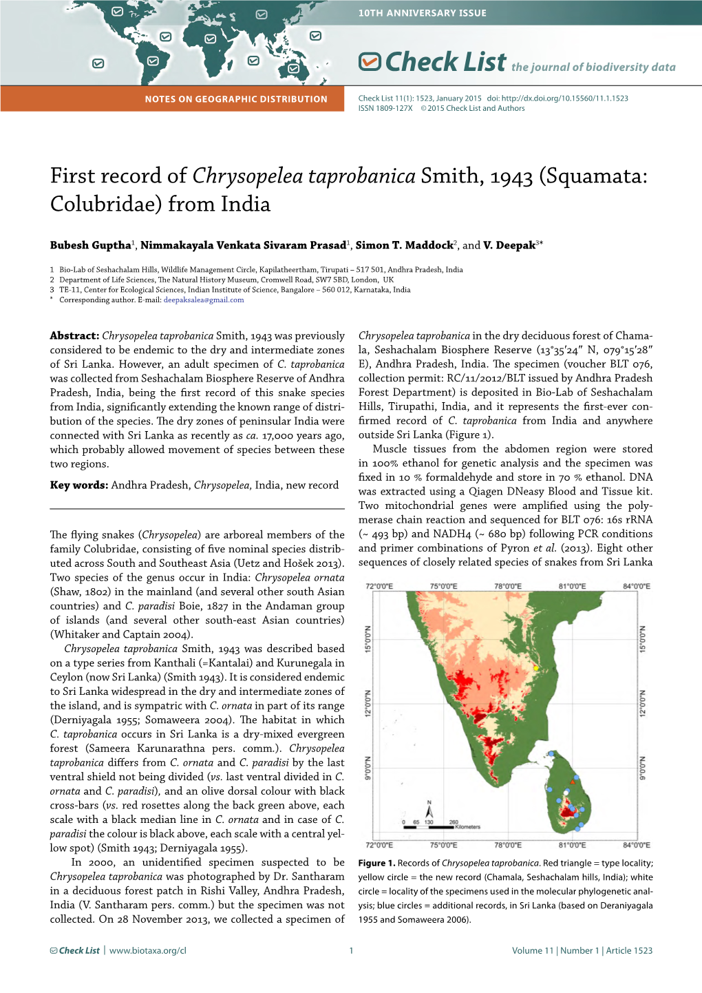 First Record of Chrysopelea Taprobanica Smith, 1943 (Squamata: Colubridae) from India