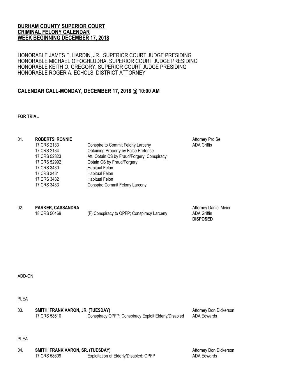 Superior Court Criminal Calendar