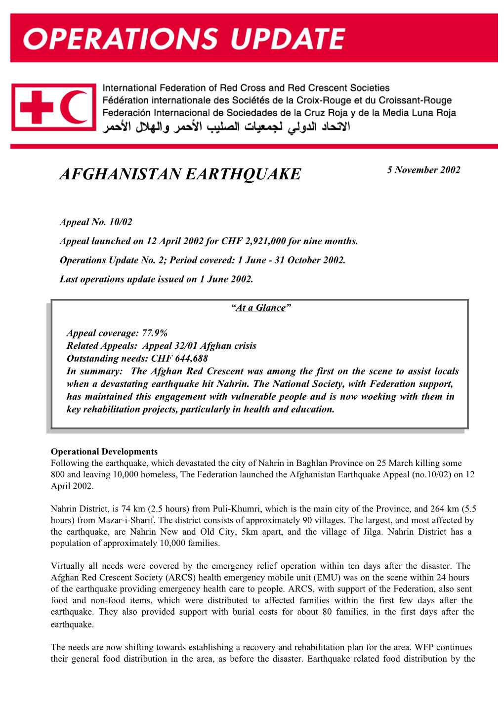 Afghanistan Nahrin Earthquake (Appeal 10/02)