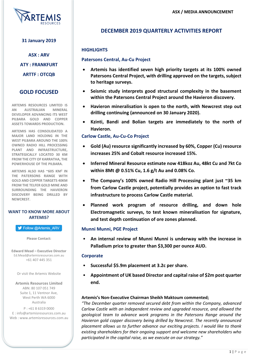 31 January 2019 ASX : ARV ATY : FRANKFURT ARTTF